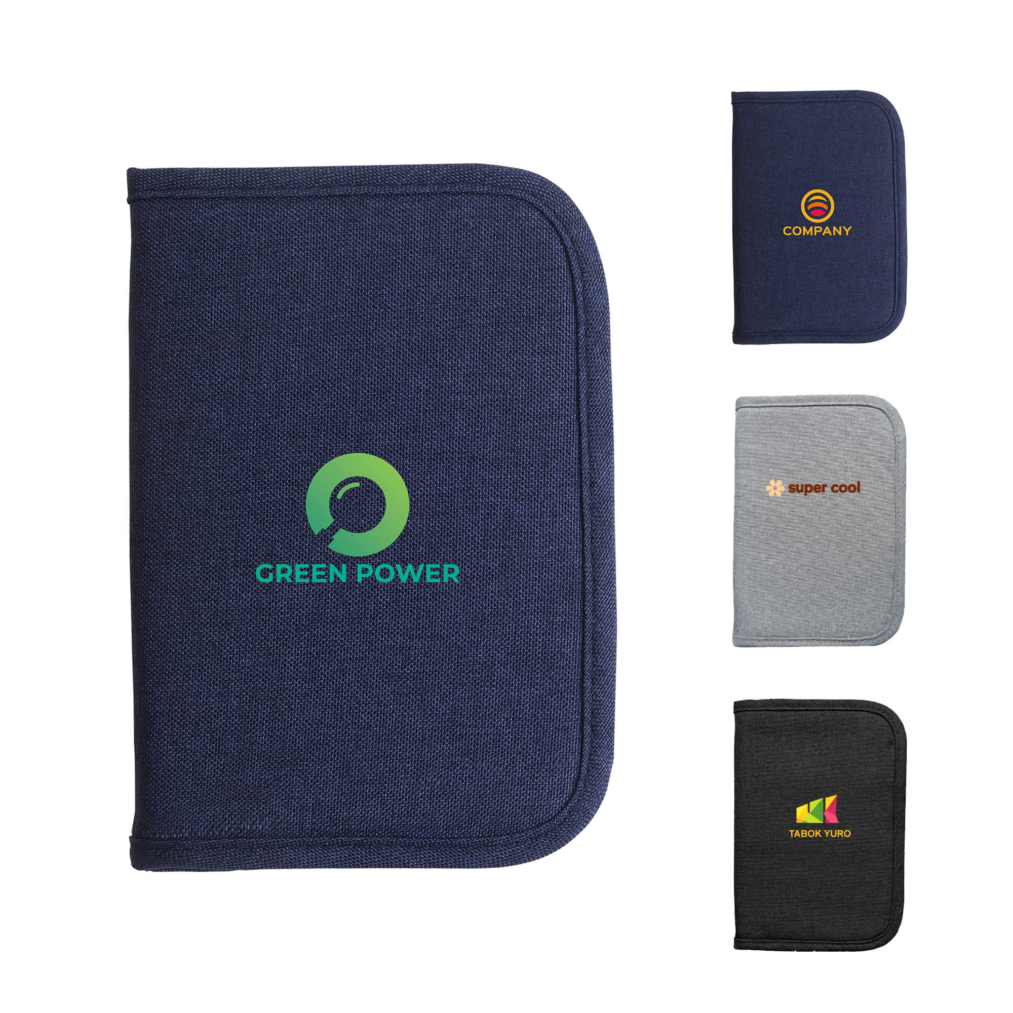 A collection of passport holders in navy, grey, and black, featuring various logos and branding. Passport Holder - Image 1