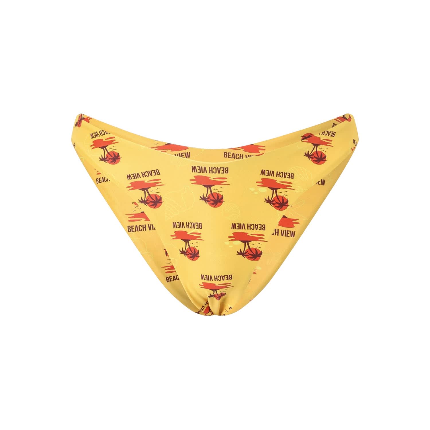 A yellow bikini bottom featuring a palm tree and sunset print with a logo. Designed for comfort, made from polyester and spandex. Women's Polyester Spandex Sublimated Bikini bottom - Image 1