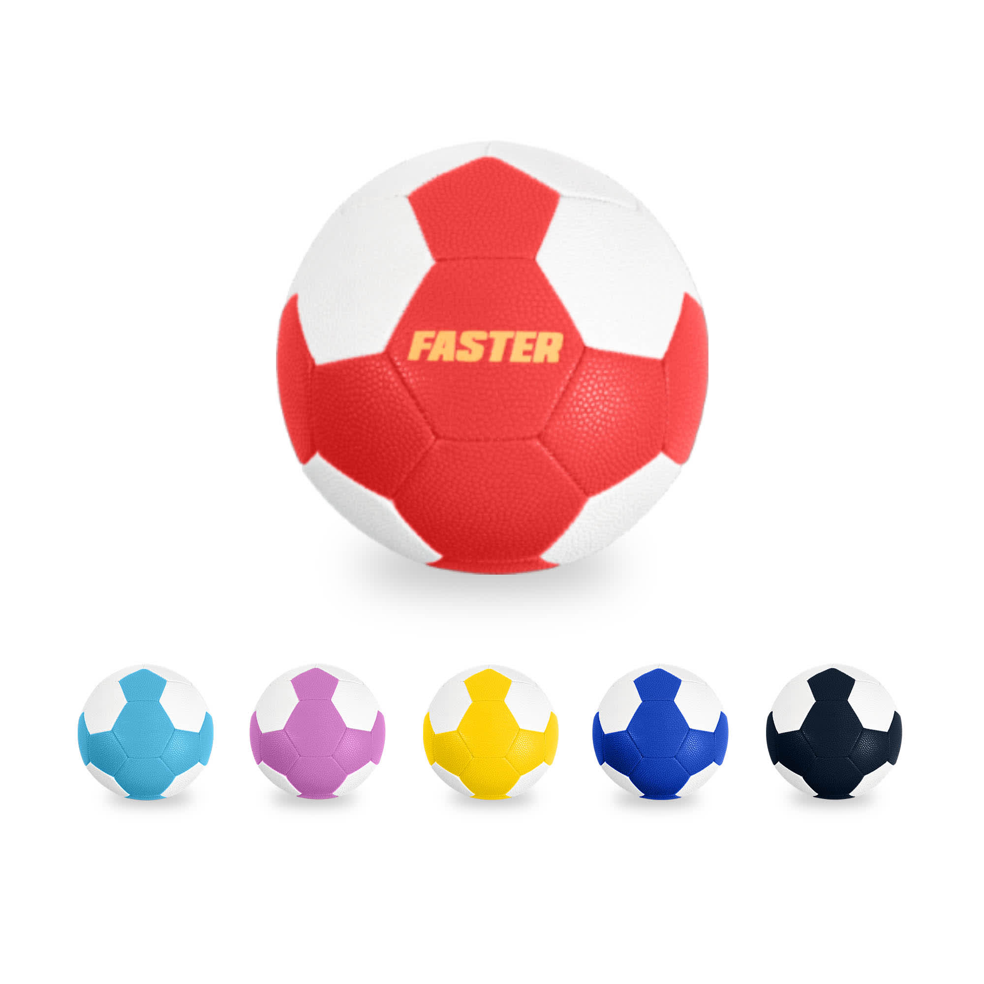 A machine-stitched PU handball featuring red and white panels, along with alternative colour options in purple, blue, yellow, and black. Machine-Stitched PU Handball - Image 1