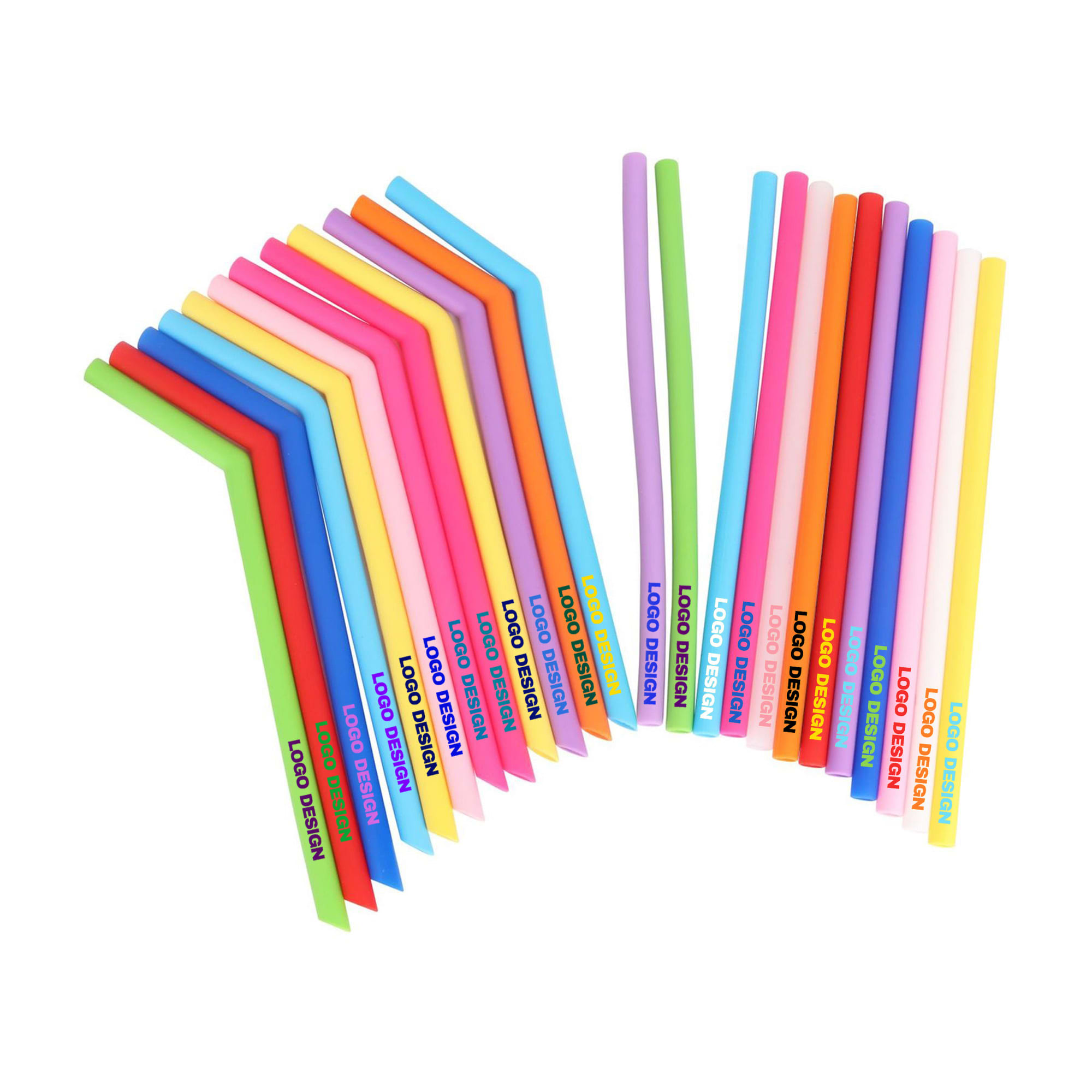 A collection of reusable silicone straws in various vibrant colours, arranged at different angles with branding. Reusable Silicone Straw - Image 1