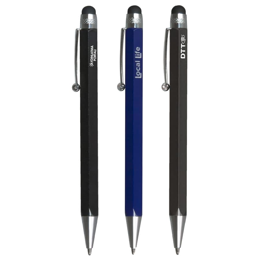 Three stylus pens in black, blue, and grey, each featuring a branding logo and a metal clip. Hexad Stylus Pen - Image 1