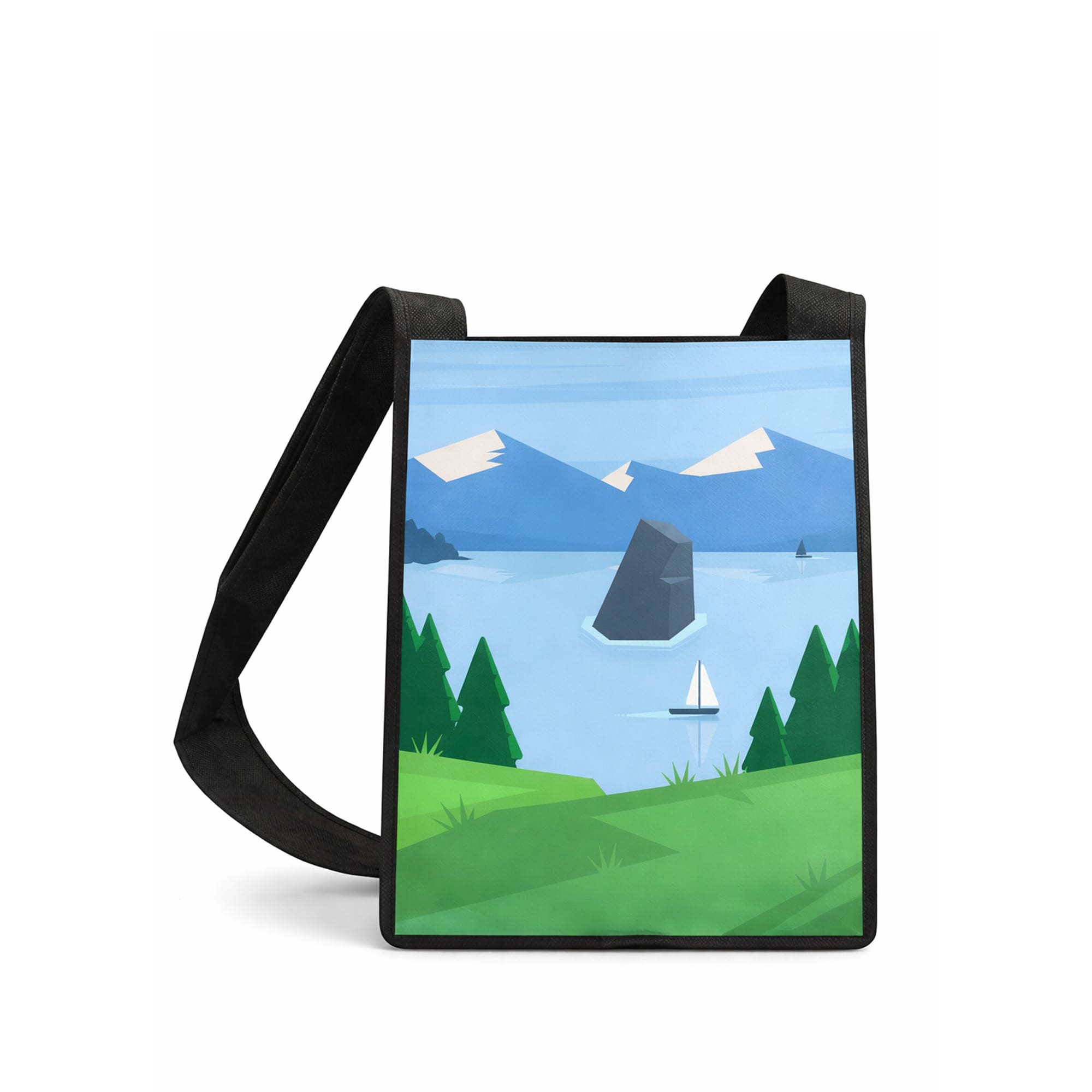 A custom sublimation crossbody bag featuring a scenic landscape with mountains, water, and trees in vibrant colours. Custom Sublimation Crossbody Bag - Image 1