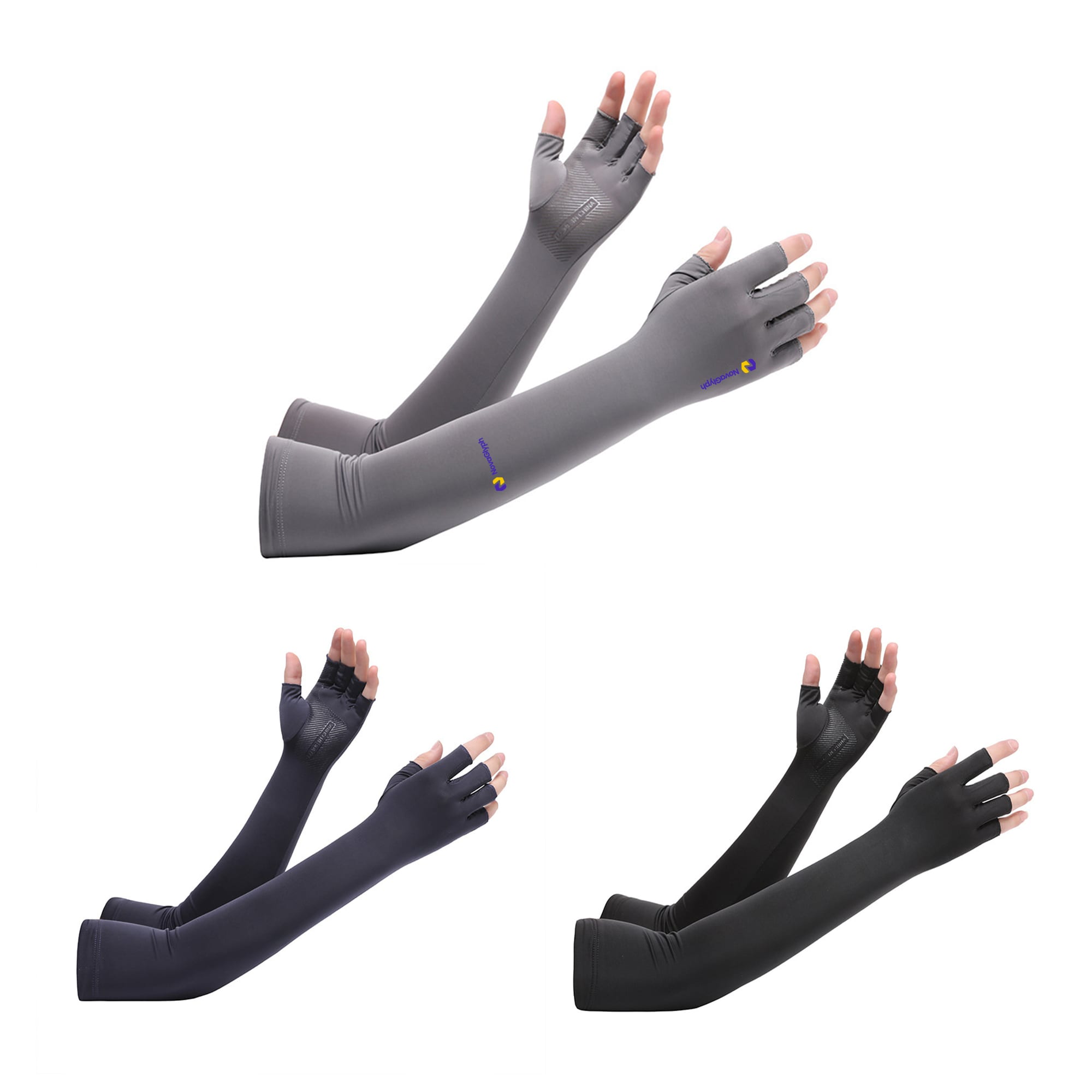 Long sleeve fingerless gloves in grey, dark grey, and black, designed for sun protection. Features a logo. Long Sleeve Sun Protective Fingerless Gloves - Image 1