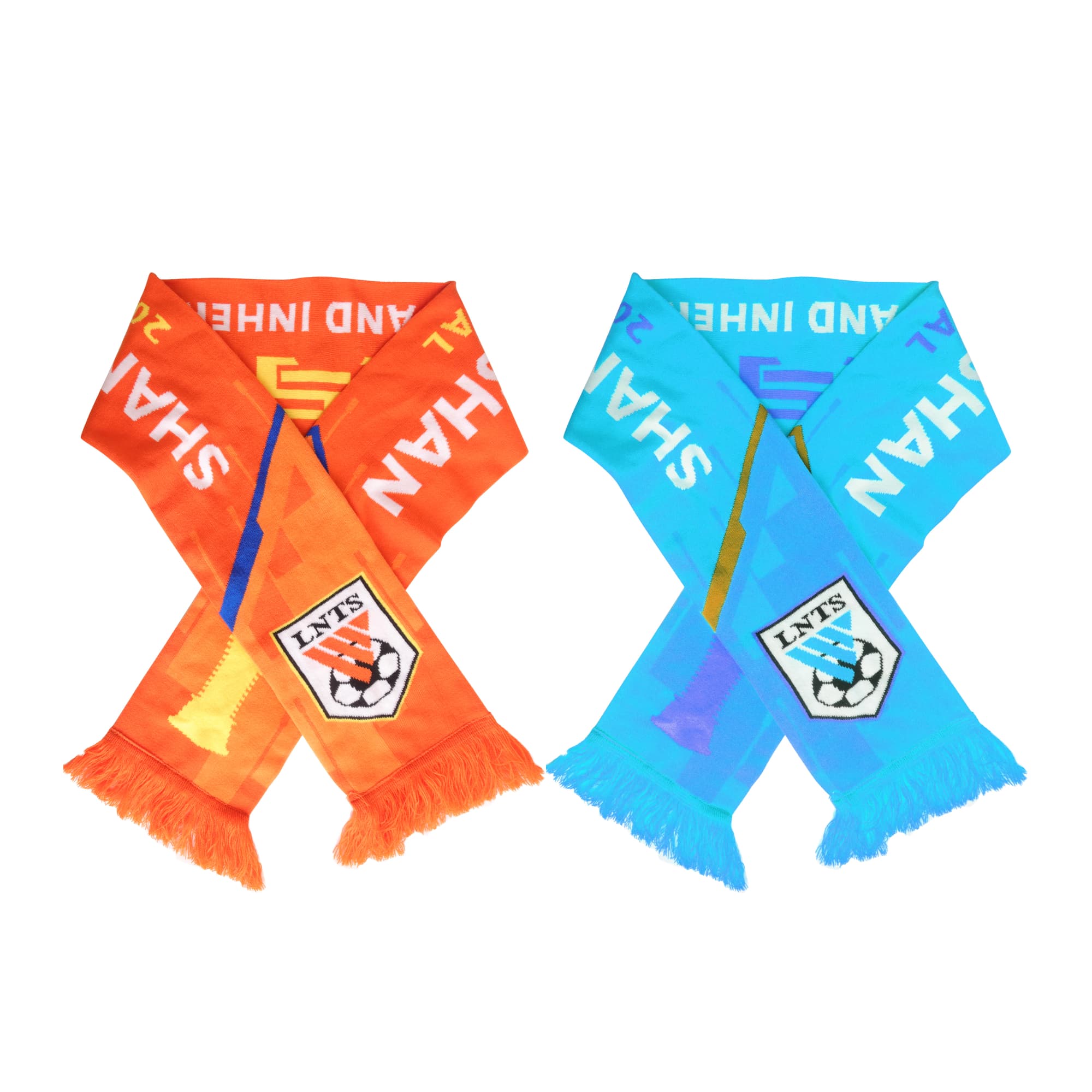 Two elastic spandex scarves in orange and blue, featuring fringe ends and a logo. Elastic Spandex Scarf - Image 1