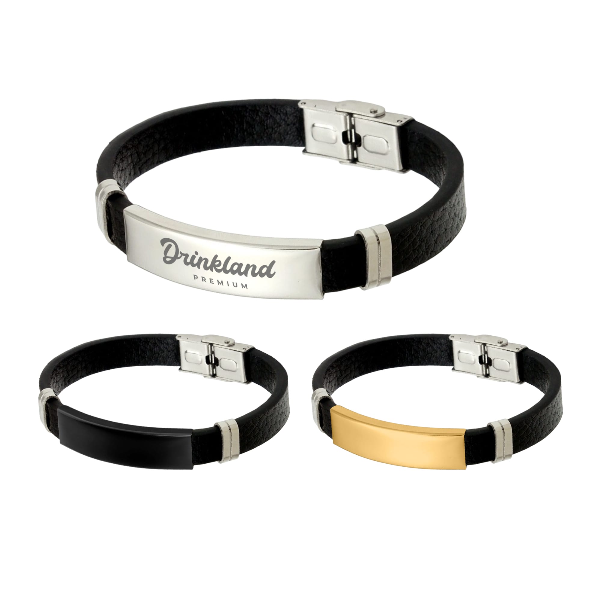 A custom leather bracelet featuring a metal clasp and a centre plate, available in black, silver, and gold finishes. Custom Leather Bracelet - Image 1