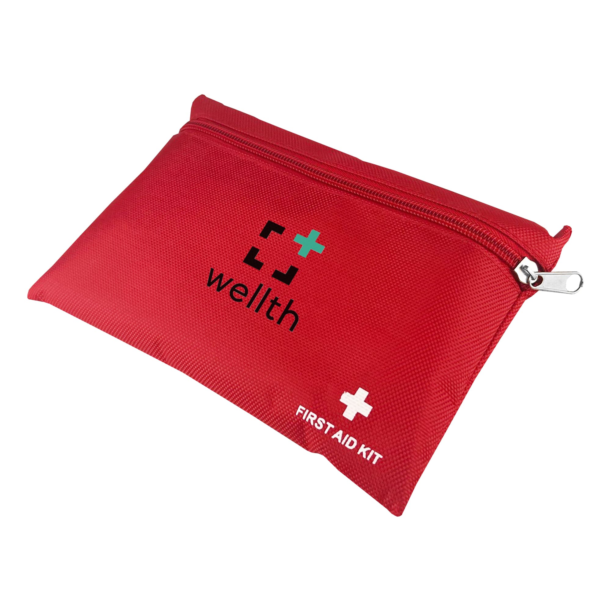 A red first aid pouch with a zip closure, featuring a logo and a white cross design. First Aid Pouch - Image 1