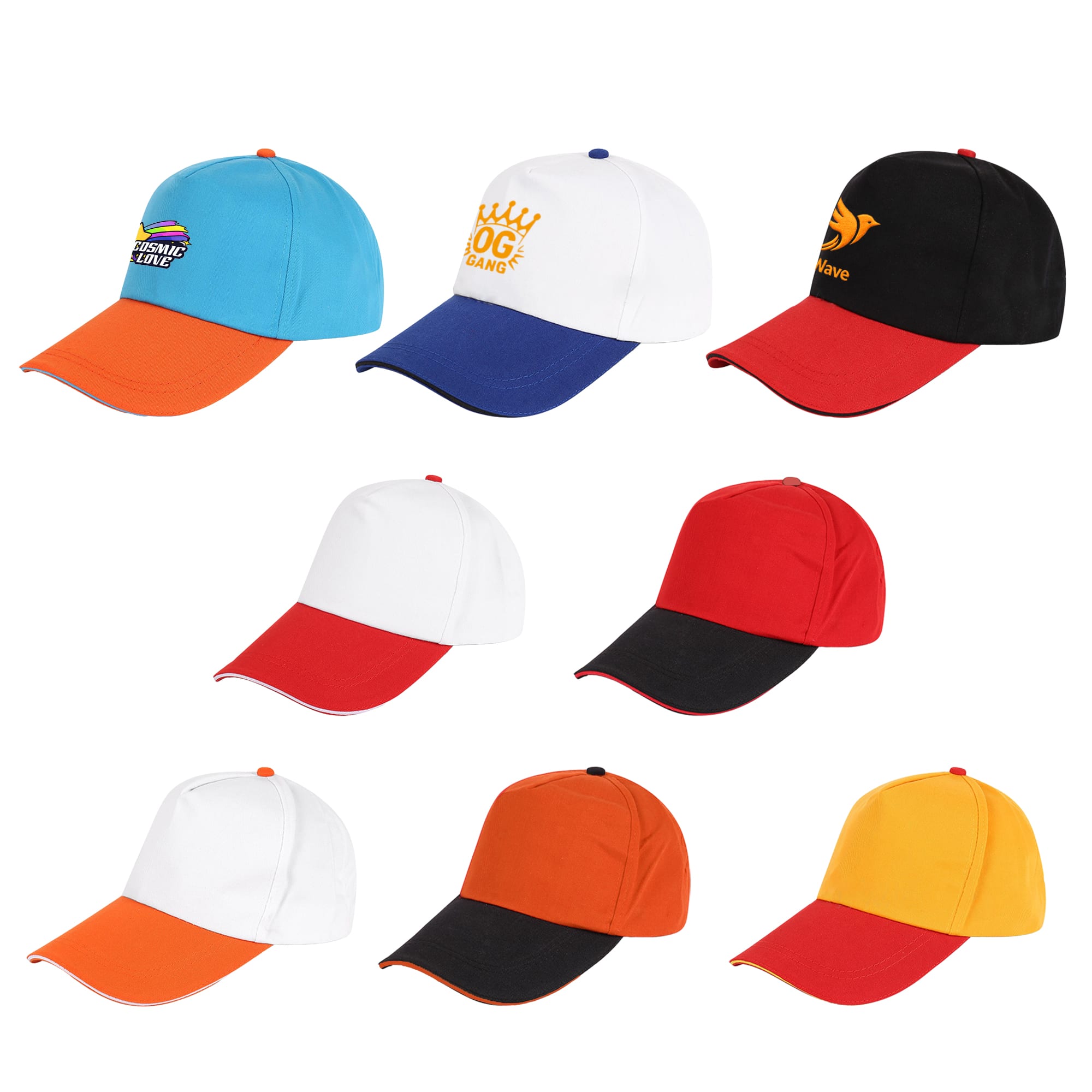 A collection of caps featuring various colour combinations including orange, blue, black, white, red, and yellow, with logos. 5 Panel Sandwich Bill Hat - Image 1