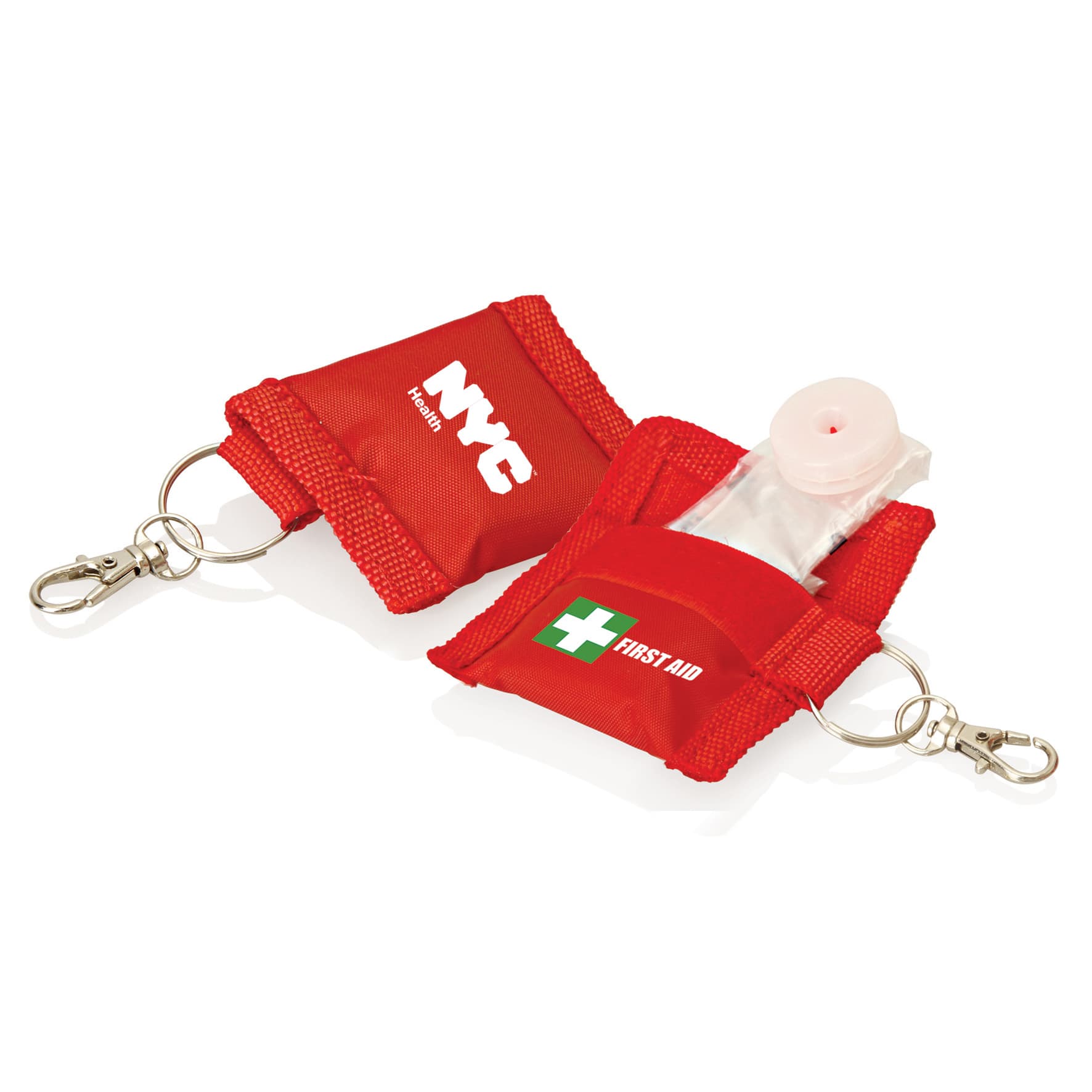 A red keyring featuring a small pouch containing a CPR mask, with a logo on one side. First Aid CPR Mask Keyring - Image 1