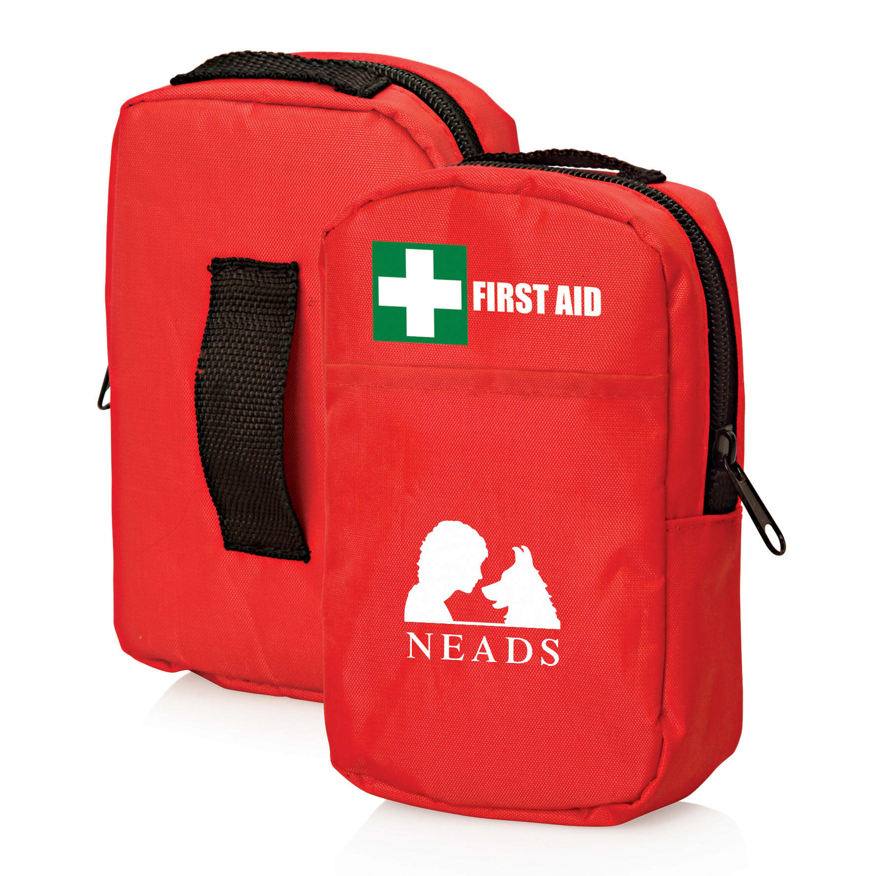 A red first aid kit with a zippered pocket and a handle, featuring a logo and cross design on the front. 30pc First Aid Kit - Image 1