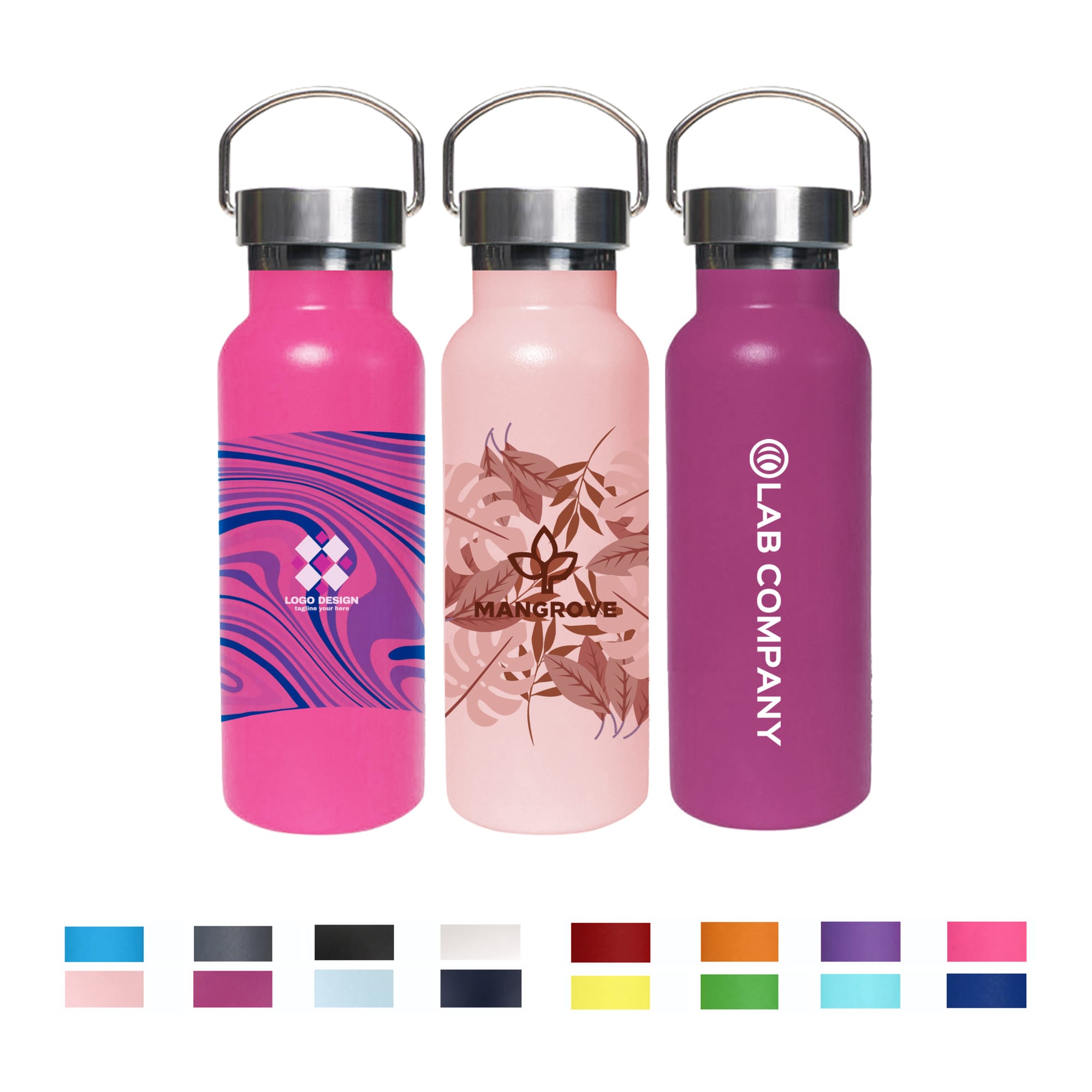 A drink bottle collection featuring three 500ml double wall vacuum bottles in pink, light pink, and purple, with stainless steel lids and logos. 500ml Double Wall Vacuum Bottle with Stainless Steel Lid - Image 1
