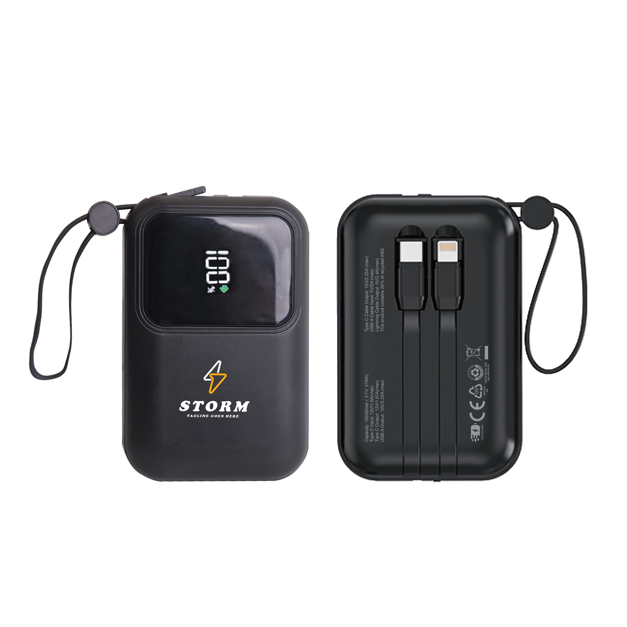 A black eco-friendly portable power bank with dual charging ports and a digital display. It has a logo on the front. 10000mAh Eco Portable Fast Charging Power Bank - Image 1