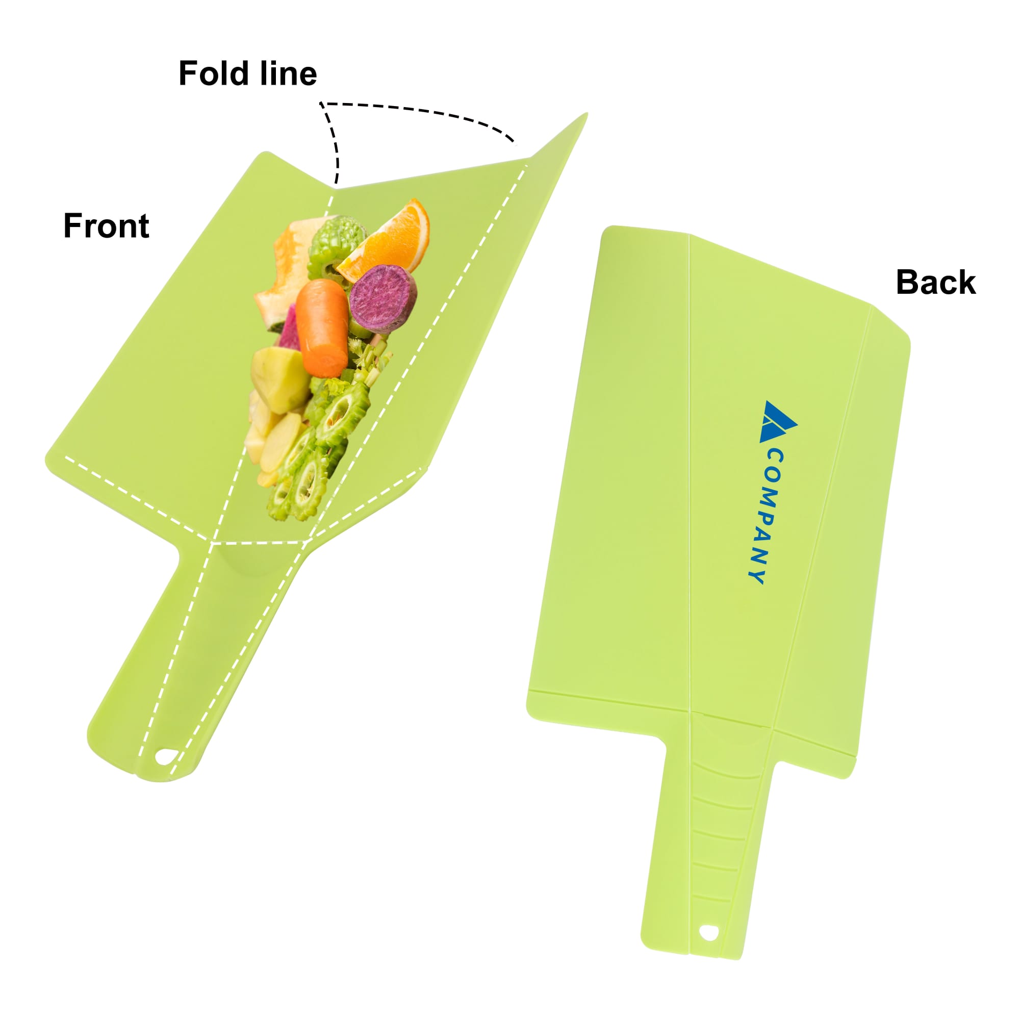 A green foldable chopping board with a handle, featuring a vibrant design on one side and a branding logo on the other. Foldable Chopping Board - Image 1