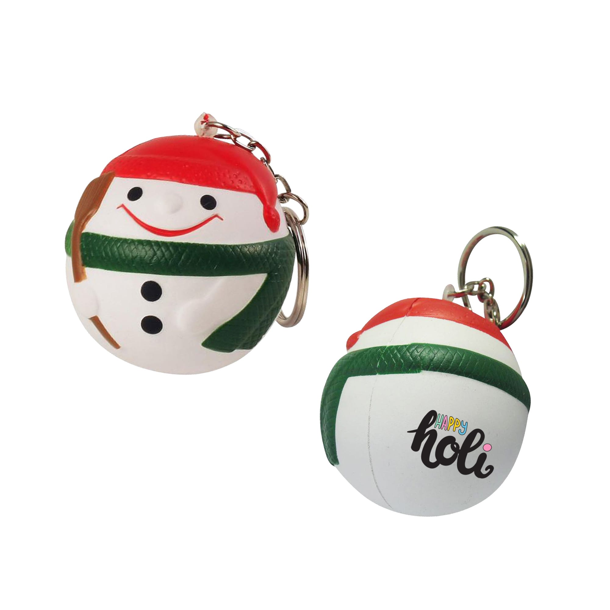 A white keyring featuring a snowman design with a red hat, green scarf, and a smile, adorned with a logo. Keyring with Snowman Stress Item - Image 1