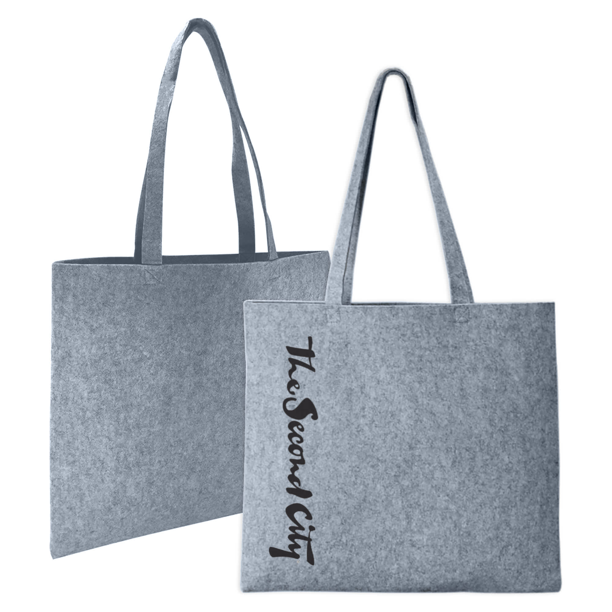 A grey felt tote bag with long handles and a logo on one side. Oxford Felt Shopper - Image 1