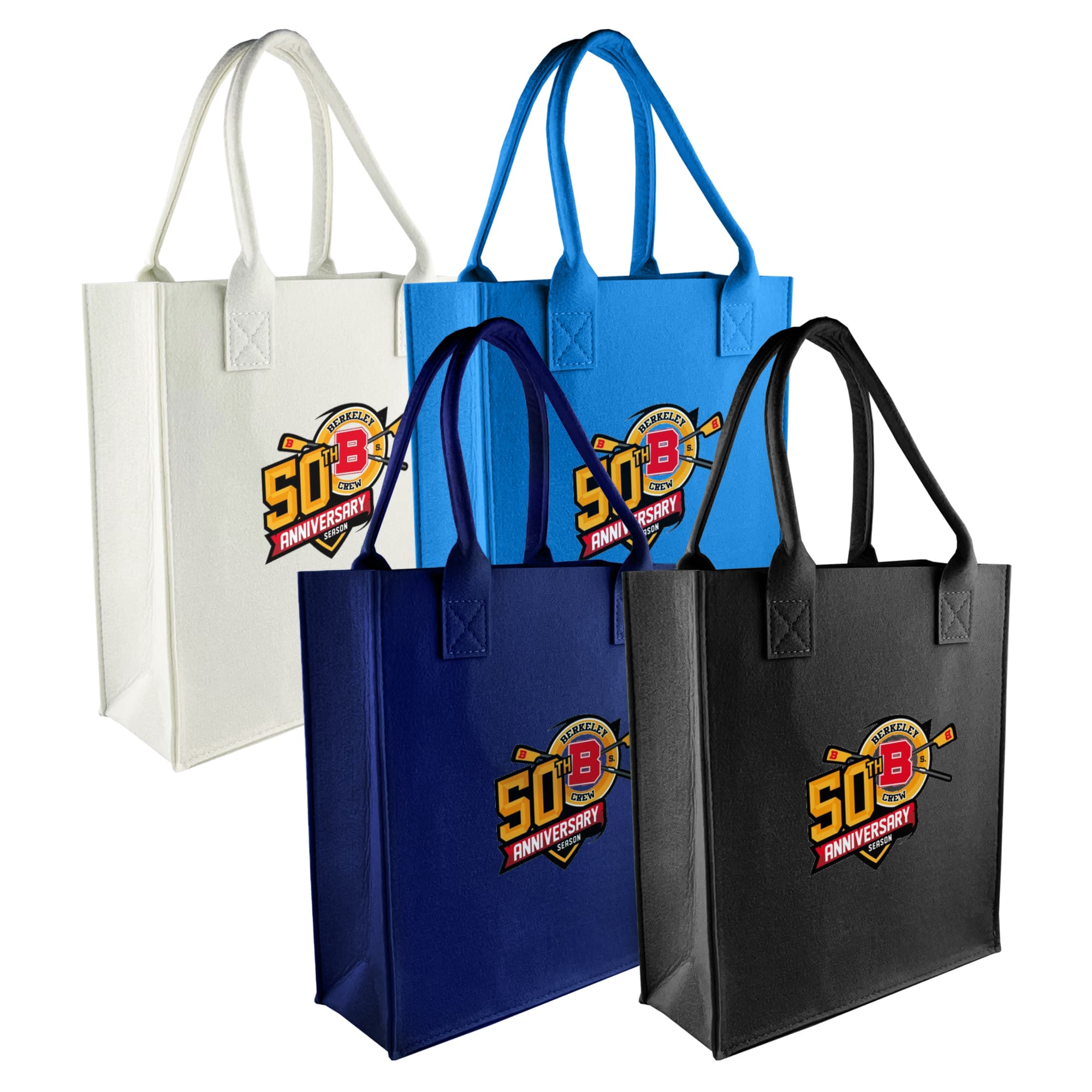 A set of four tote bags in white, blue, navy, and black, each featuring a logo on the front. Fetch Felt Tote Bag - Image 1