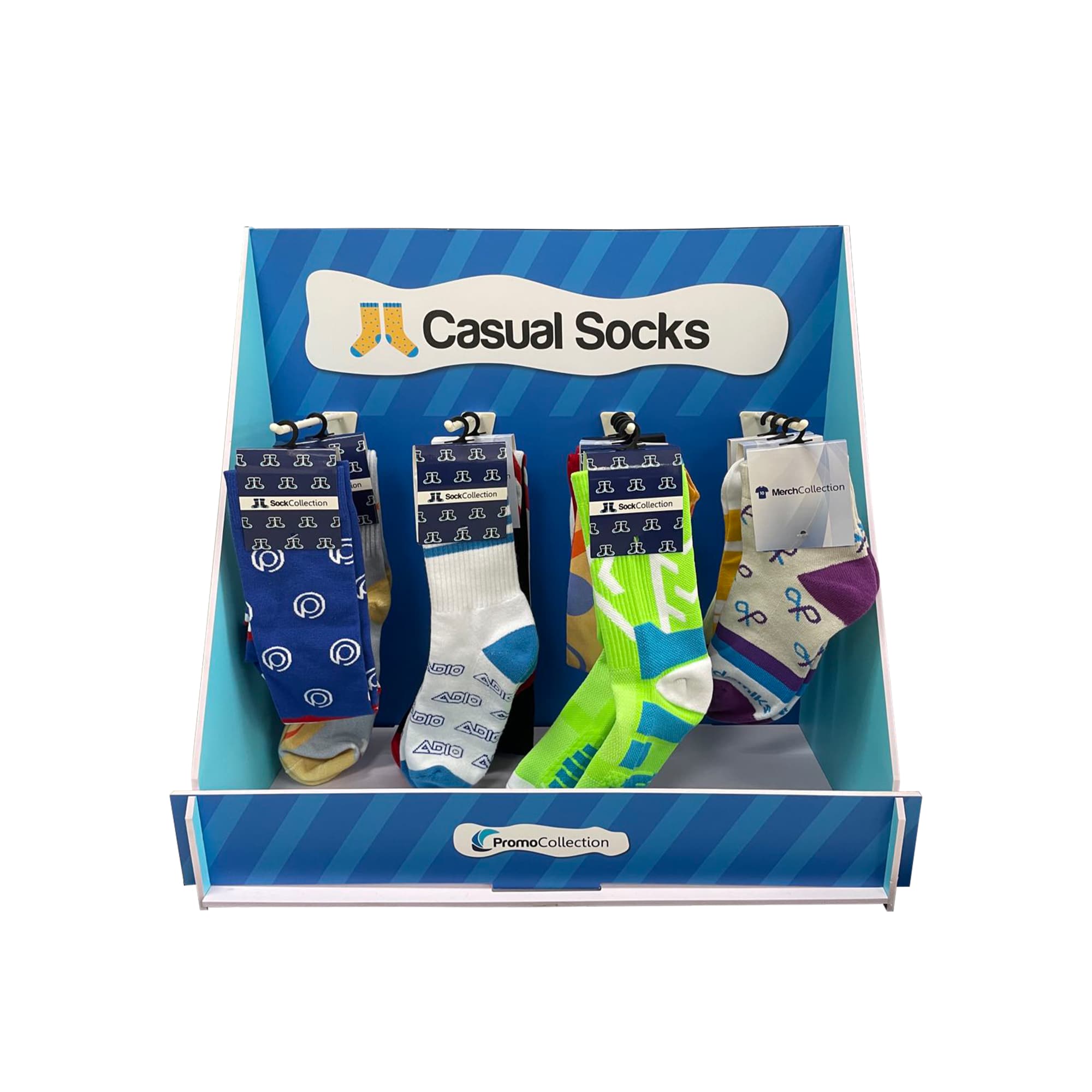 A display box featuring various colourful custom socks arranged in sections, with a branded logo on the box. Custom Socks Counter Display - Image 1