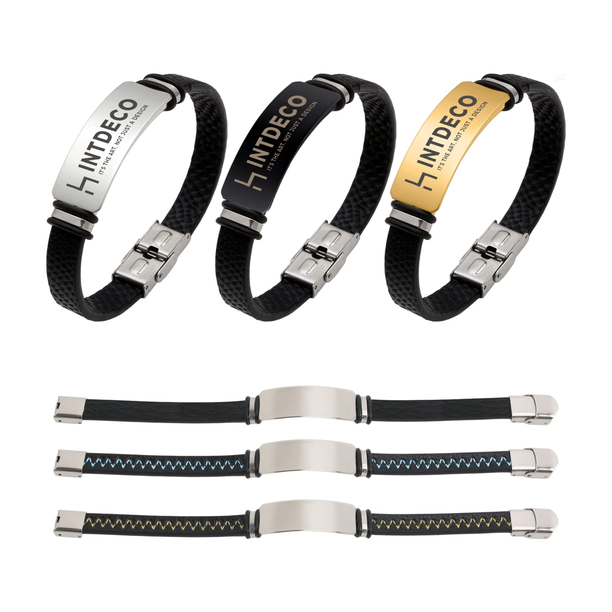 Three engraved leather bracelets in black and gold, featuring metal clasps, with one logo visible. Engraved Leather Bracelet - Image 1