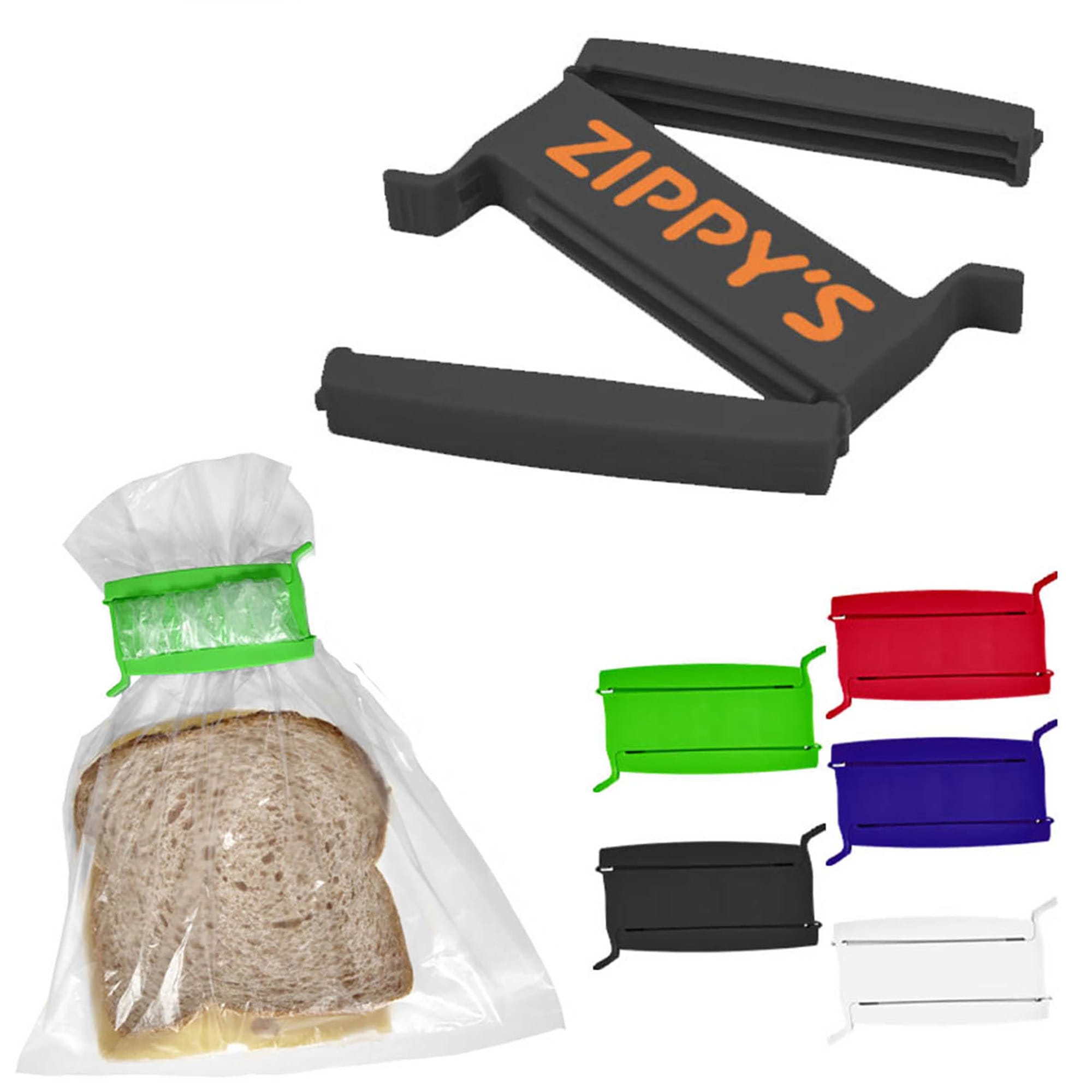 A food clip set in black, green, red, and white, featuring a logo, designed for sealing bags. Two Sides Food Clip - Image 1