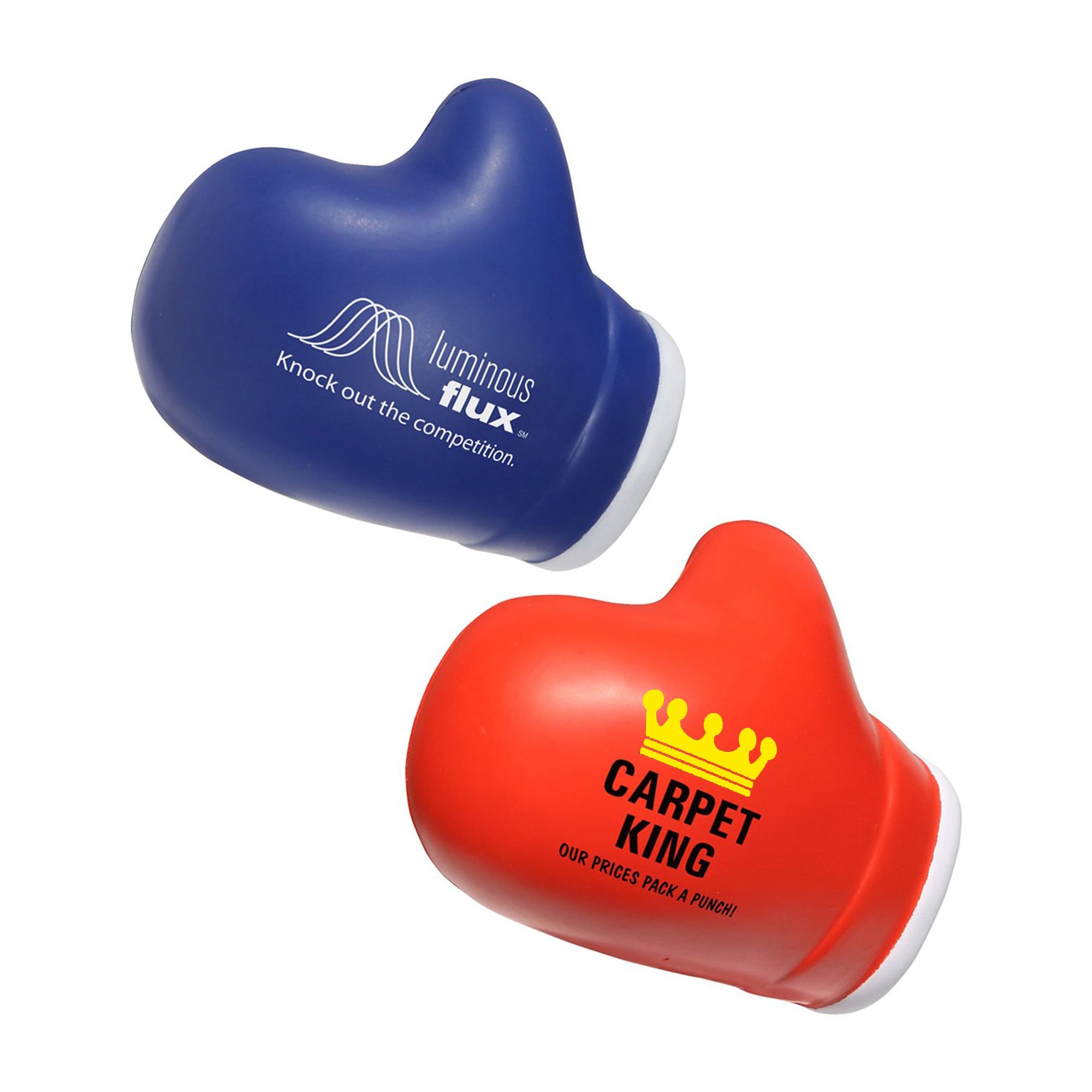 A blue and red boxing glove-shaped stress reliever featuring branding on both sides. Boxing Glove Shape Stress Reliever - Image 1