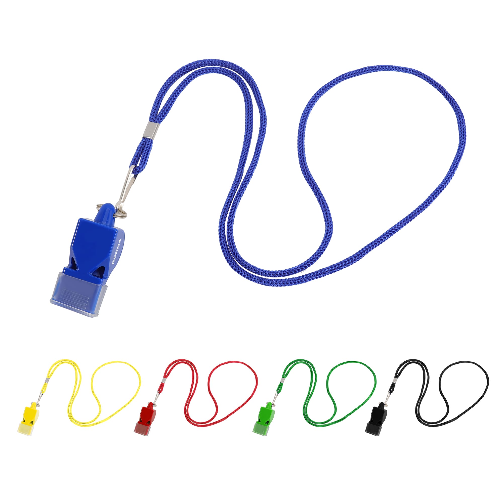 A blue plastic whistle on a lanyard, flanked by red, yellow, green, and black variations of the same product. Plastic Whistle - Image 1