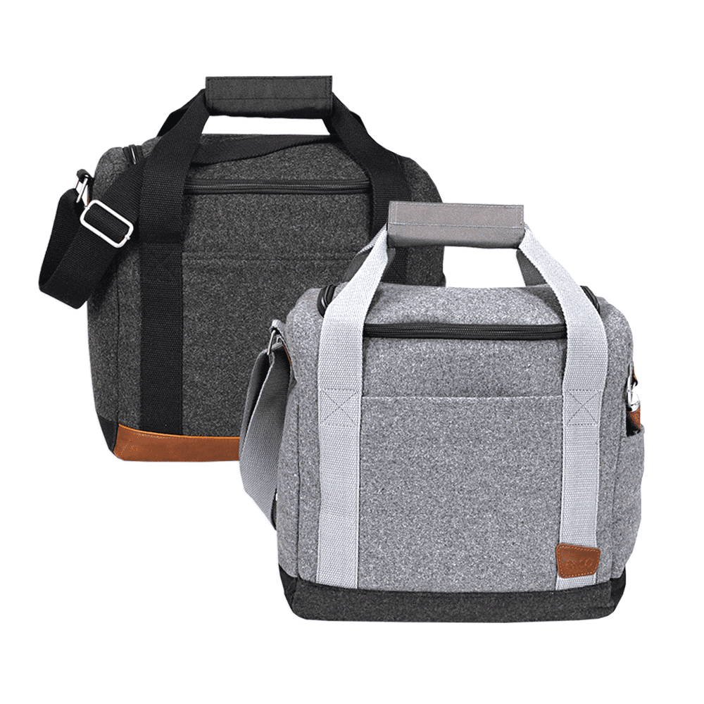 A drink bottle cooler bag featuring a sleek grey design with leather accents and adjustable straps. It has a logo. Field & Co. Campster 12 Bottle Craft Cooler 15L - Image 1