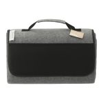 A grey oversized picnic rug with a black handle and front pocket, featuring a logo.