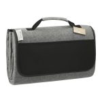 A grey oversized picnic rug with a handle, featuring a black pocket and a logo on the side.