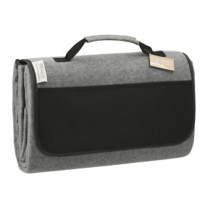 A grey oversized picnic rug with a handle, featuring a black pocket and a logo on the side.