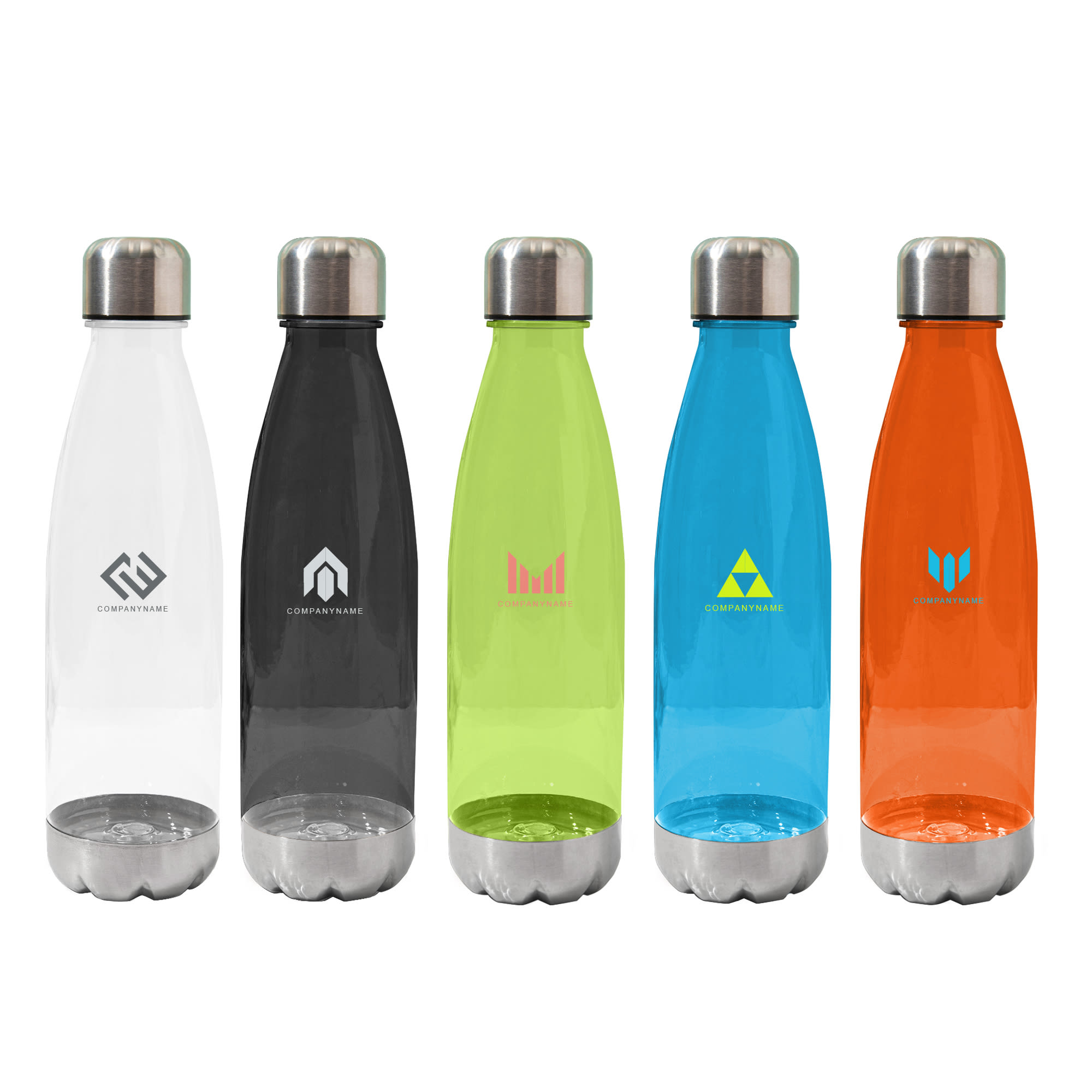 A drink bottle collection featuring translucent designs in white, black, green, yellow-green, and orange, each with a logo. 680ML BPA Free Translucent Bottle - Image 1