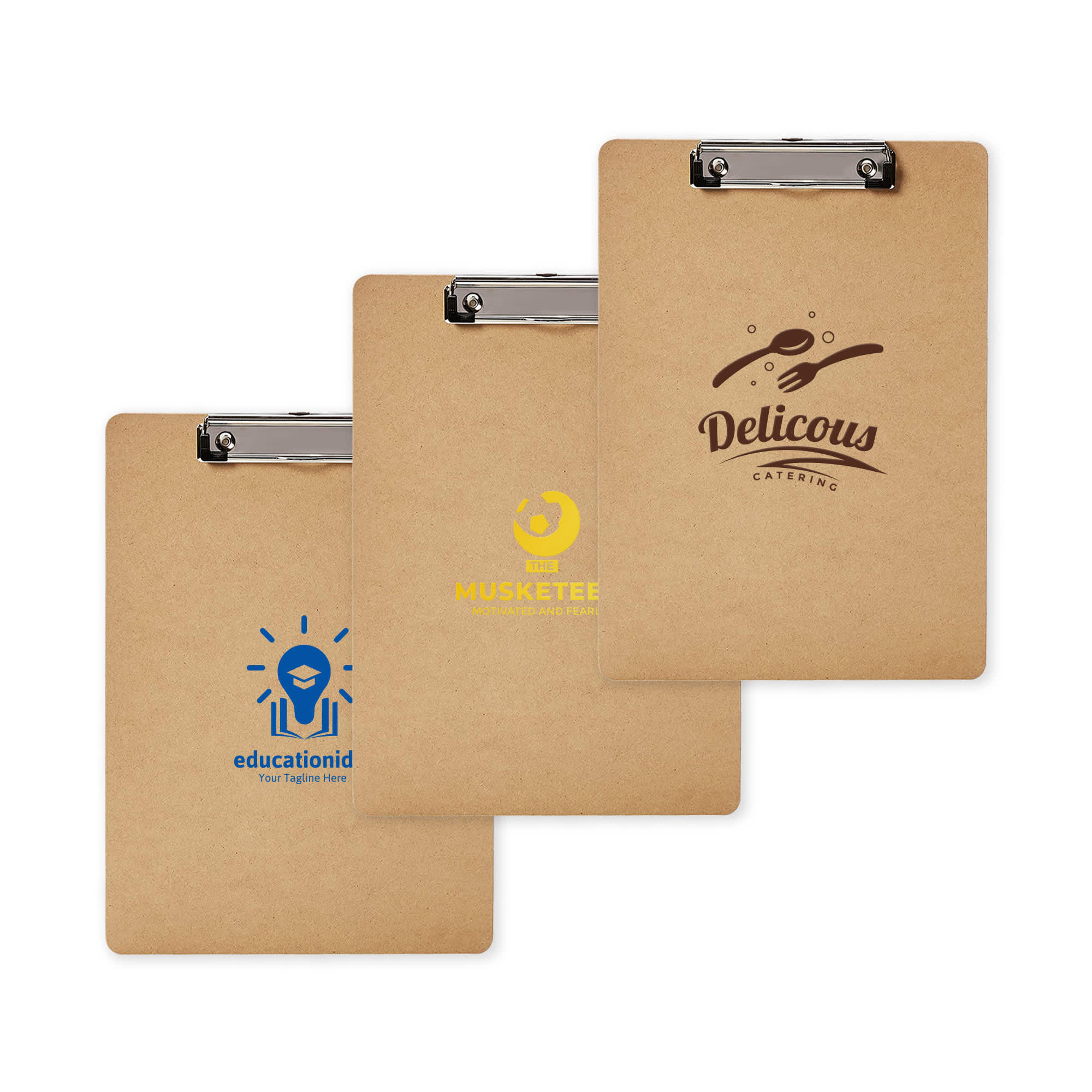 A wooden clipboard featuring three designs, all in natural brown colour with various logos. Wooden Clipboard - Image 1
