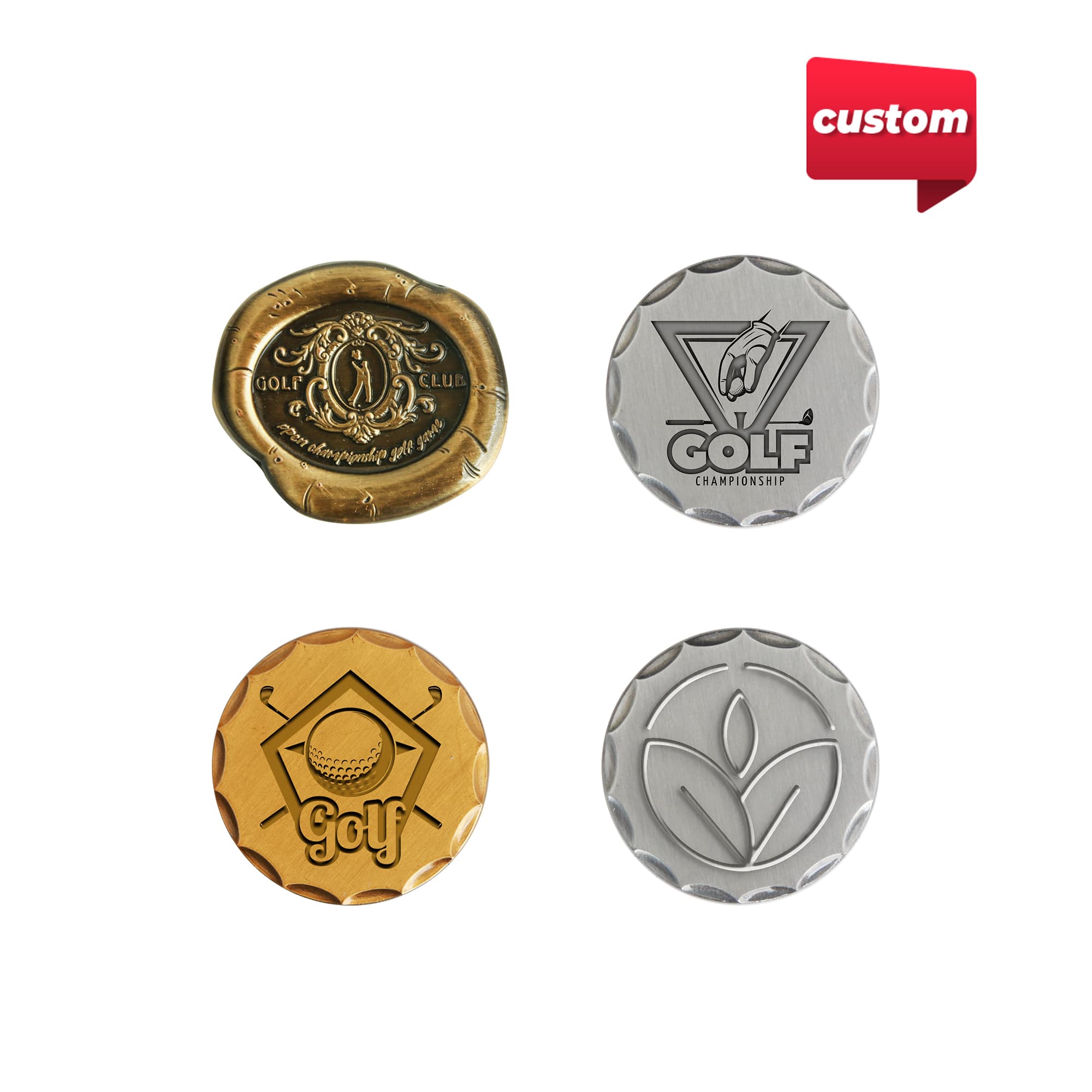A collection of four 40mm custom antique golf ball markers in gold and silver finishes, featuring various designs and a logo. 40mm Custom Antique Golf Ball Marker - Image 1