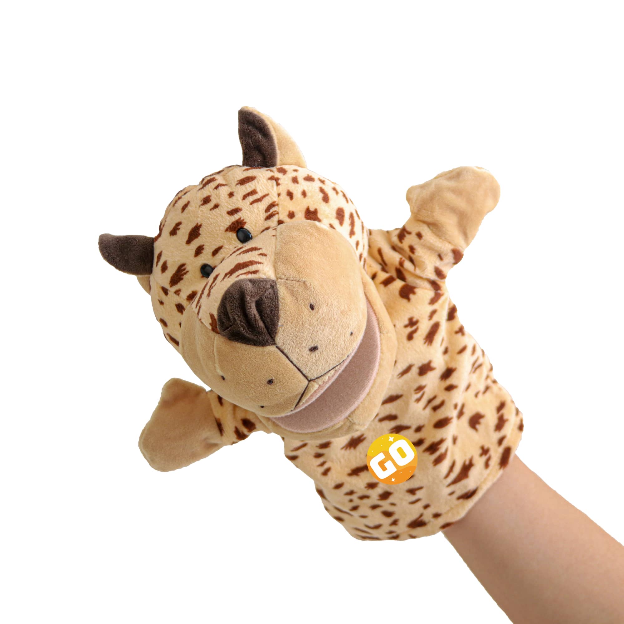 A leopard hand puppet in shades of tan and brown with a soft plush texture, featuring ears and a snout. Leopard Hand Puppet - Image 1