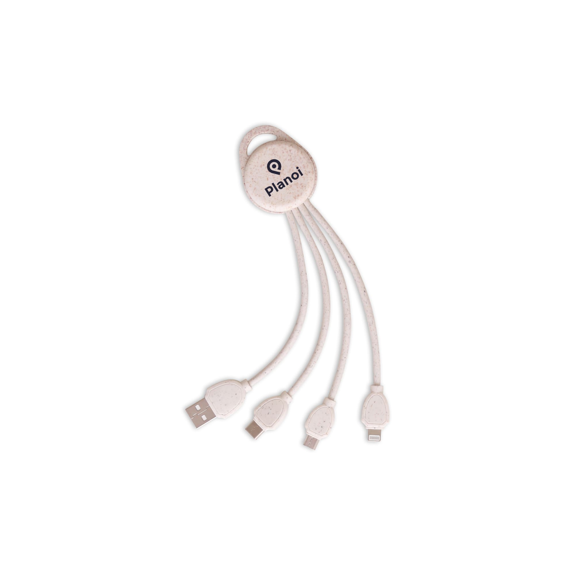 A round-shaped charging cable in a light colour, featuring multiple connectors and a logo. Wheat Straw Charging Cable - Round Shape - Image 1