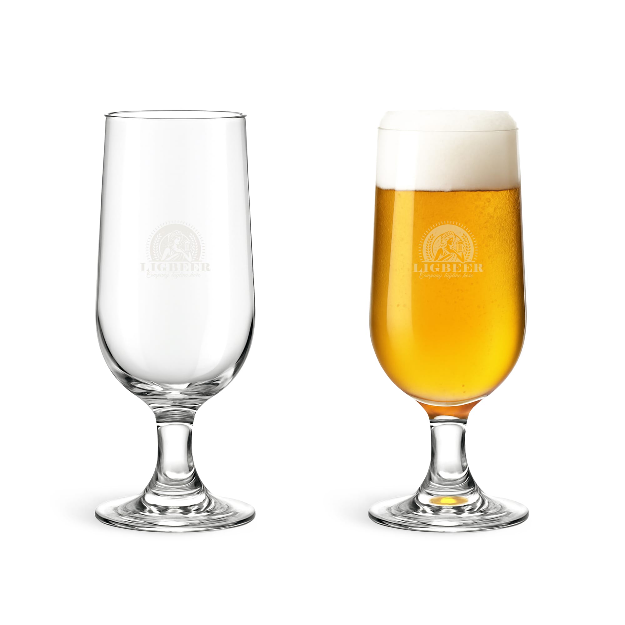 A goblet glass in clear glass, one empty and the other filled with golden beer and frothy head, featuring a logo. Goblet Glass - Image 1