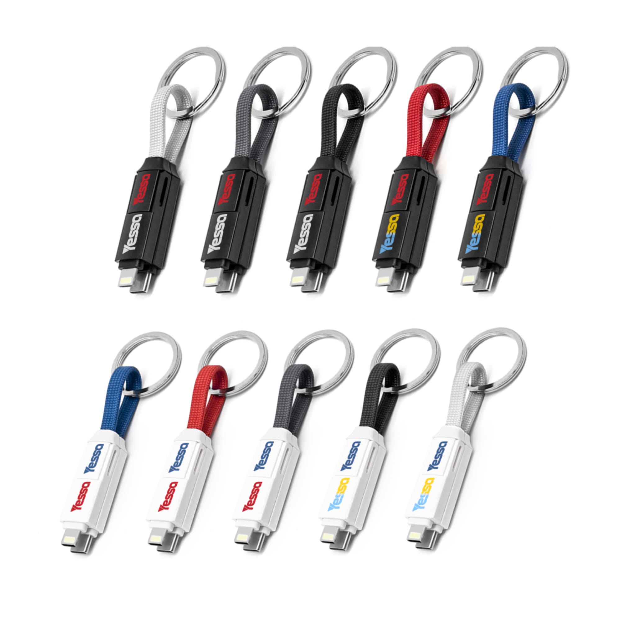 A collection of 60W 3-In-1 ABS charging cables in black, red, blue, silver, and white, each with a keyring attachment. 60W 3-In-1 ABS Charging Cable - Image 1