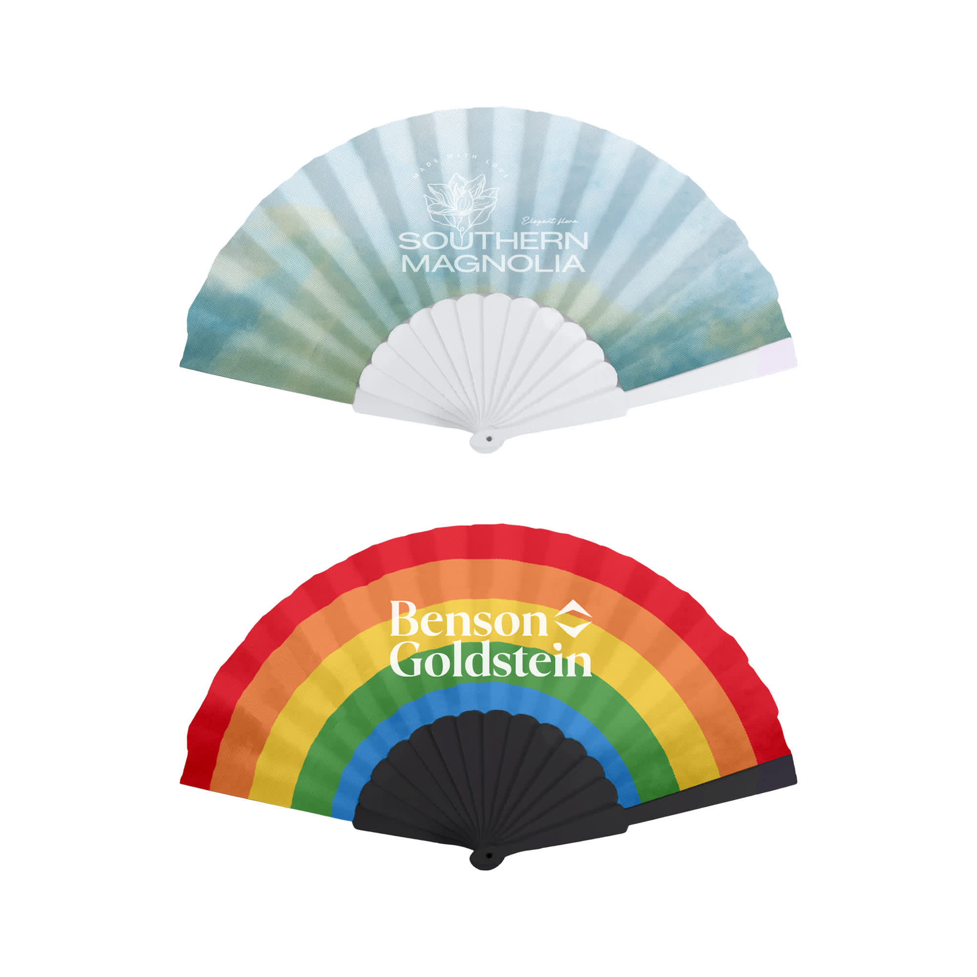 A fabric hand-held fan featuring a gradient design on one side and a vibrant rainbow pattern on the other, with logos. Fabric Hand Held Fan - Image 1