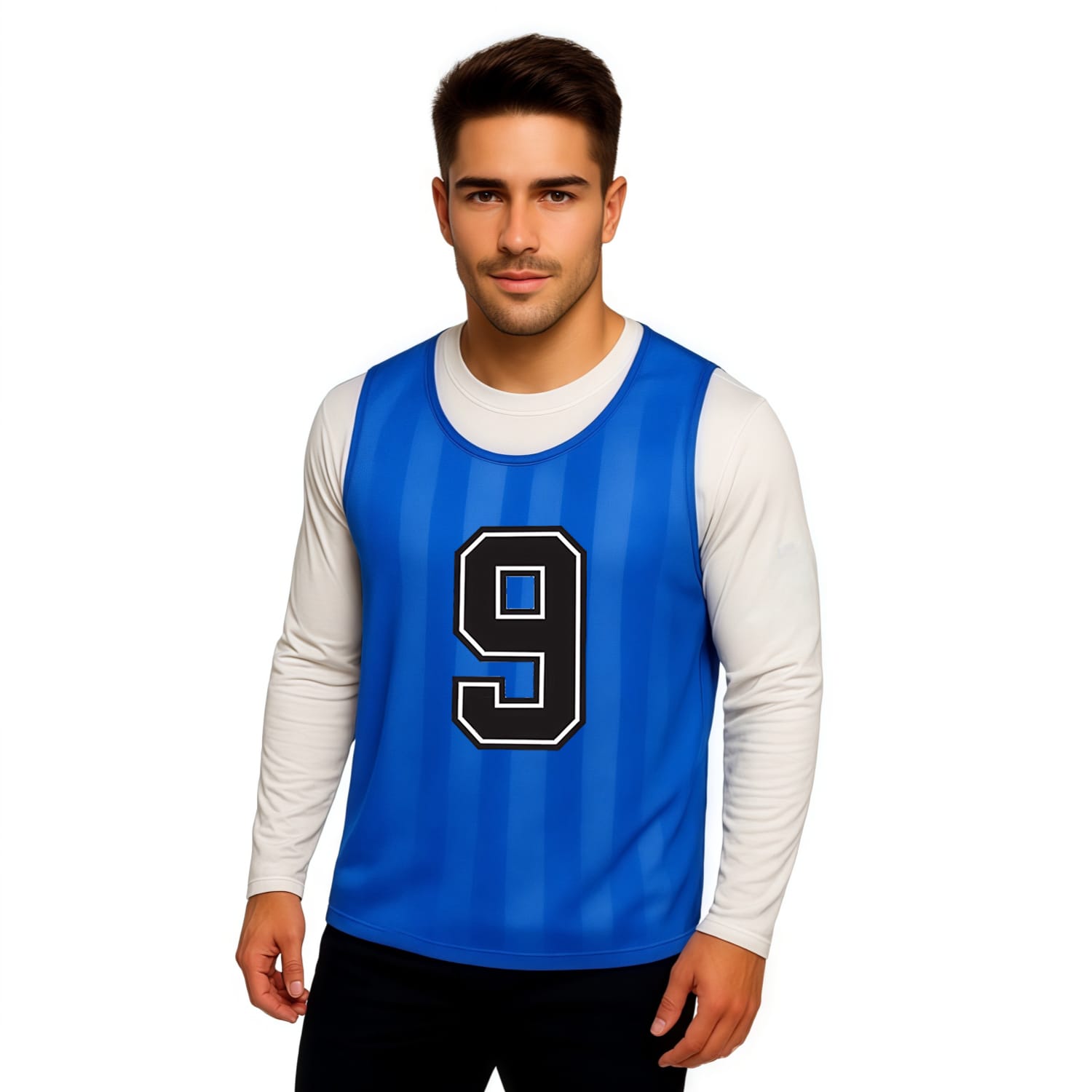 A blue polyester mesh training bib with vertical stripes and the number 9 printed on the front, worn over a long-sleeve top. 100% Polyester Mesh Sublimated Breathable Training Bib - Image 1