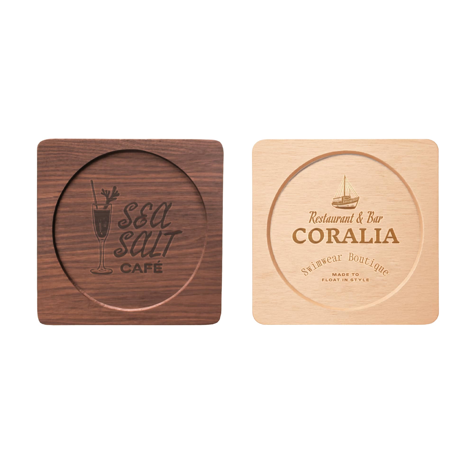 A wooden coaster set featuring a square shape with a circular center, in dark and light wood finishes. Square with Circular Center Wooden Coaster - Image 1