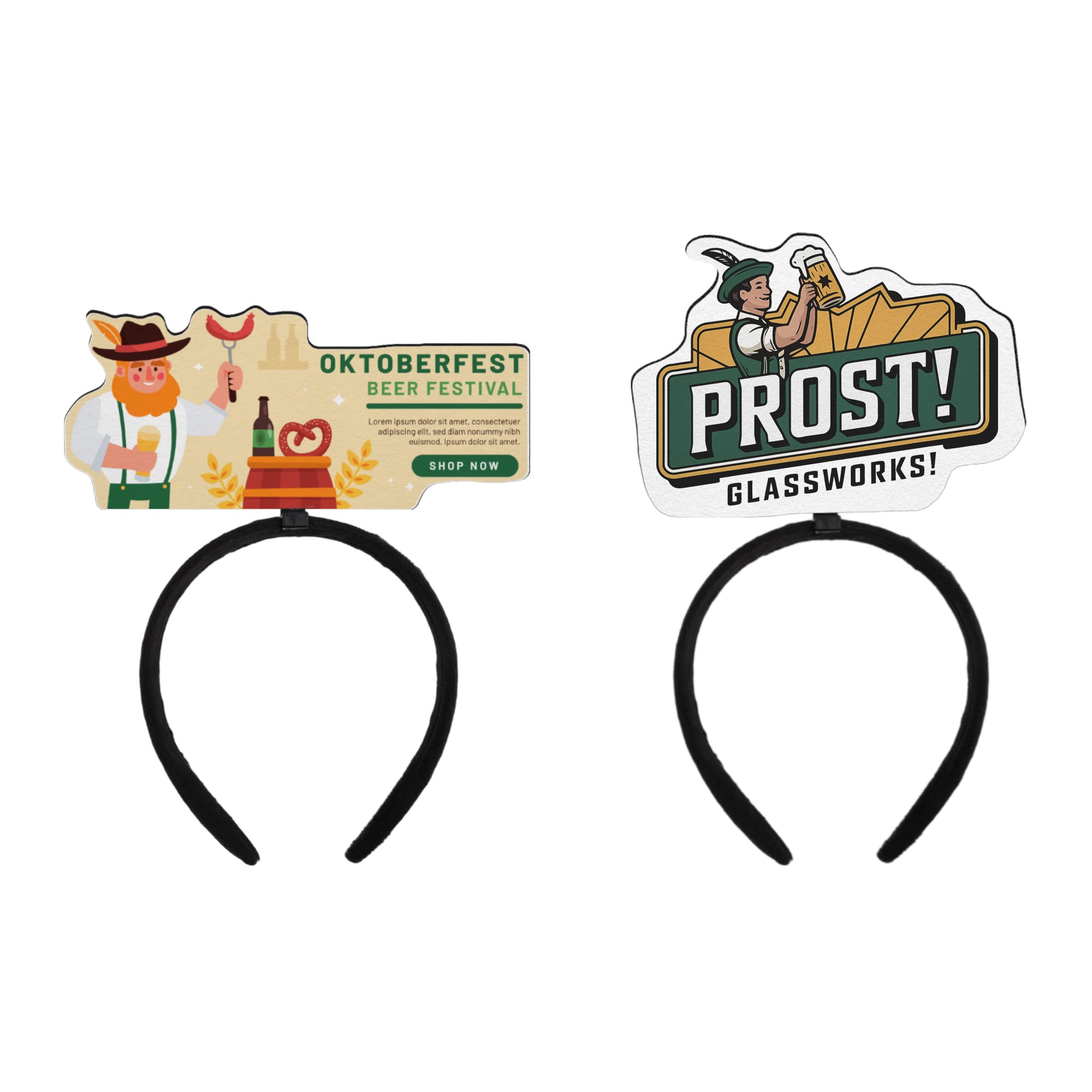 Two black headbands featuring colourful foam toppers with festival-themed designs and a logo on each. Custom Foam Topper Headband - Image 1