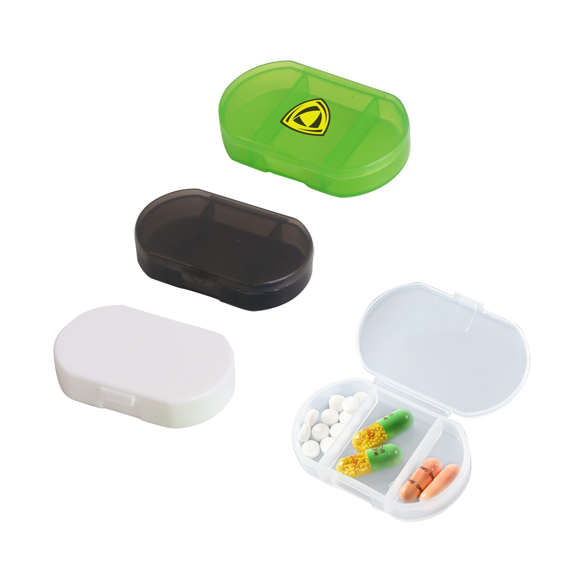 Three pill boxes in green, black, and white, featuring a logo and compartments for storing various pills. 3 Compartments Pill Box - Image 1