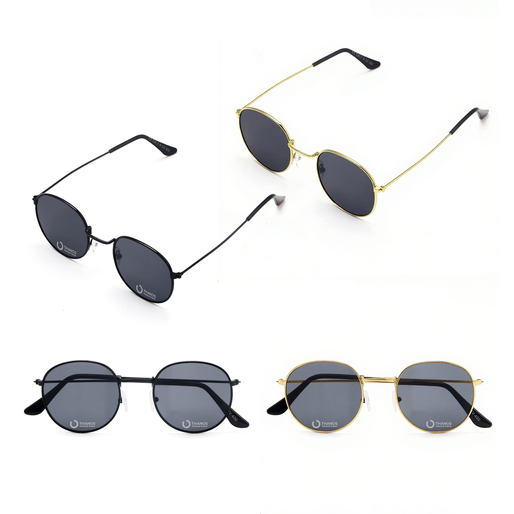 Classic metal sunglasses in black and gold frames, featuring grey lenses and sleek designs. Includes a logo on some pairs. Classic Metal Sunglasses - Image 1