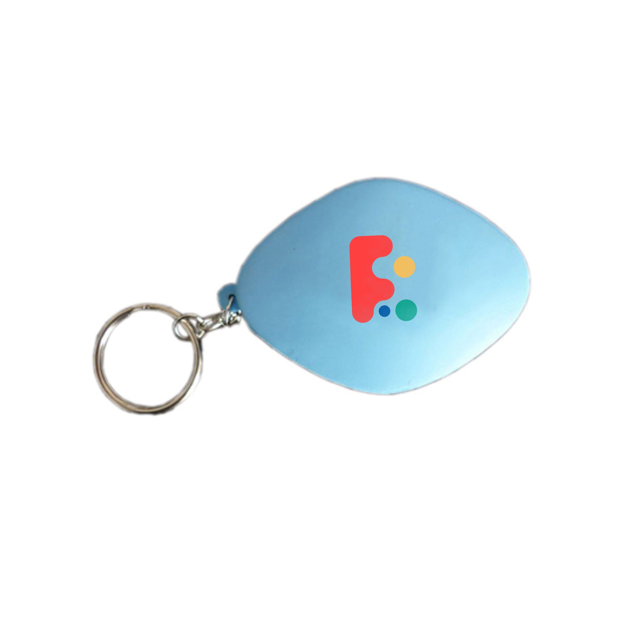 A blue tablet-shaped stress reliever keyring with a logo on one side, attached to a metal keychain. Tablet Keyring Shape Stress Reliever - Image 1