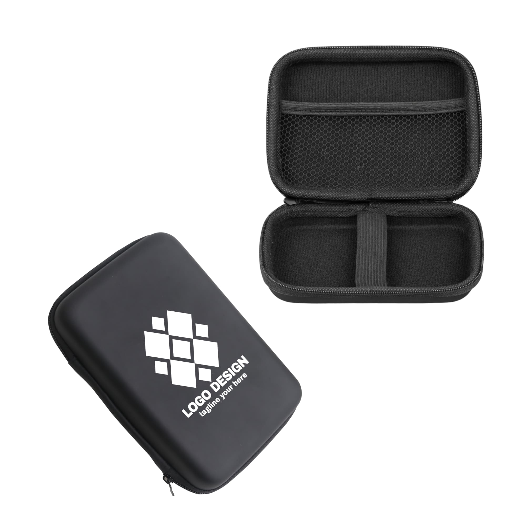 A large black zipper case with a textured interior and a logo on the front, featuring two compartments. Large Zipper Case - Image 1