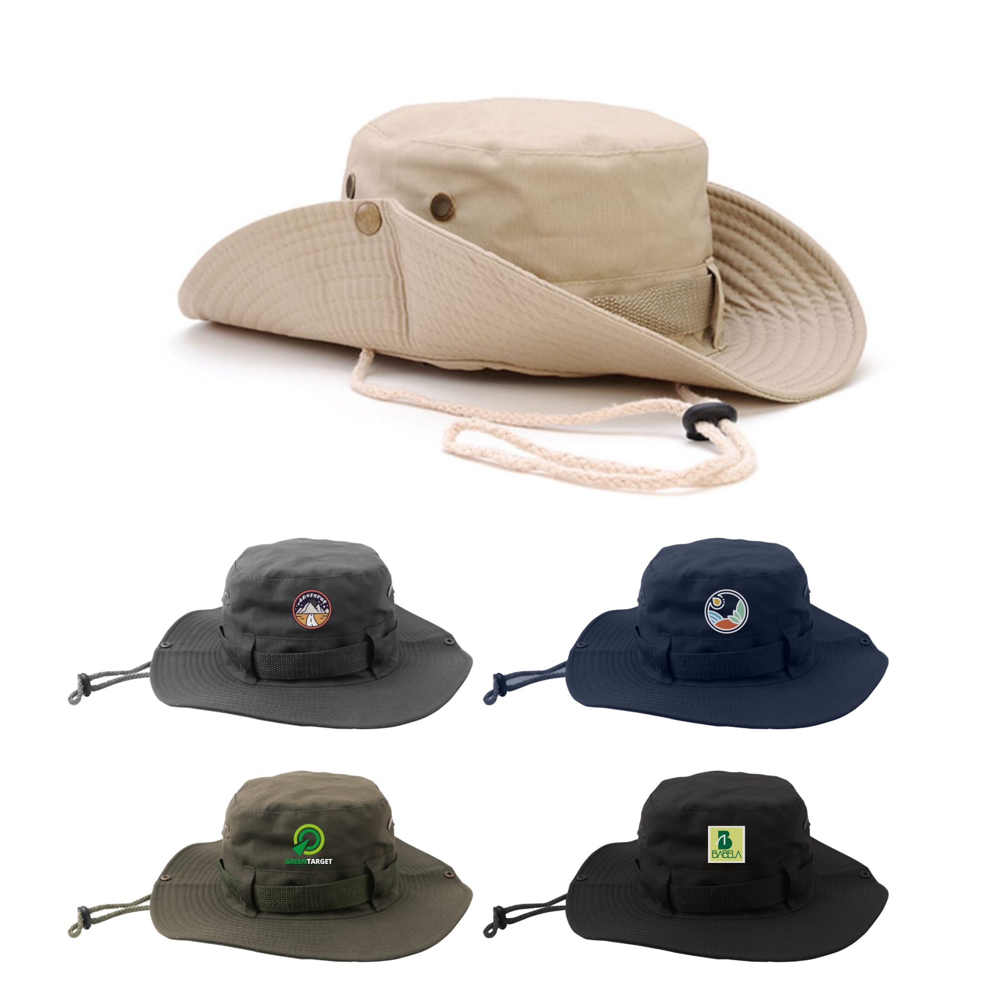 An outdoor brim hat in beige, with a chin strap and ventilation holes, displayed alongside dark grey and navy variations with logos. Outdoor Brim Hat - Image 1