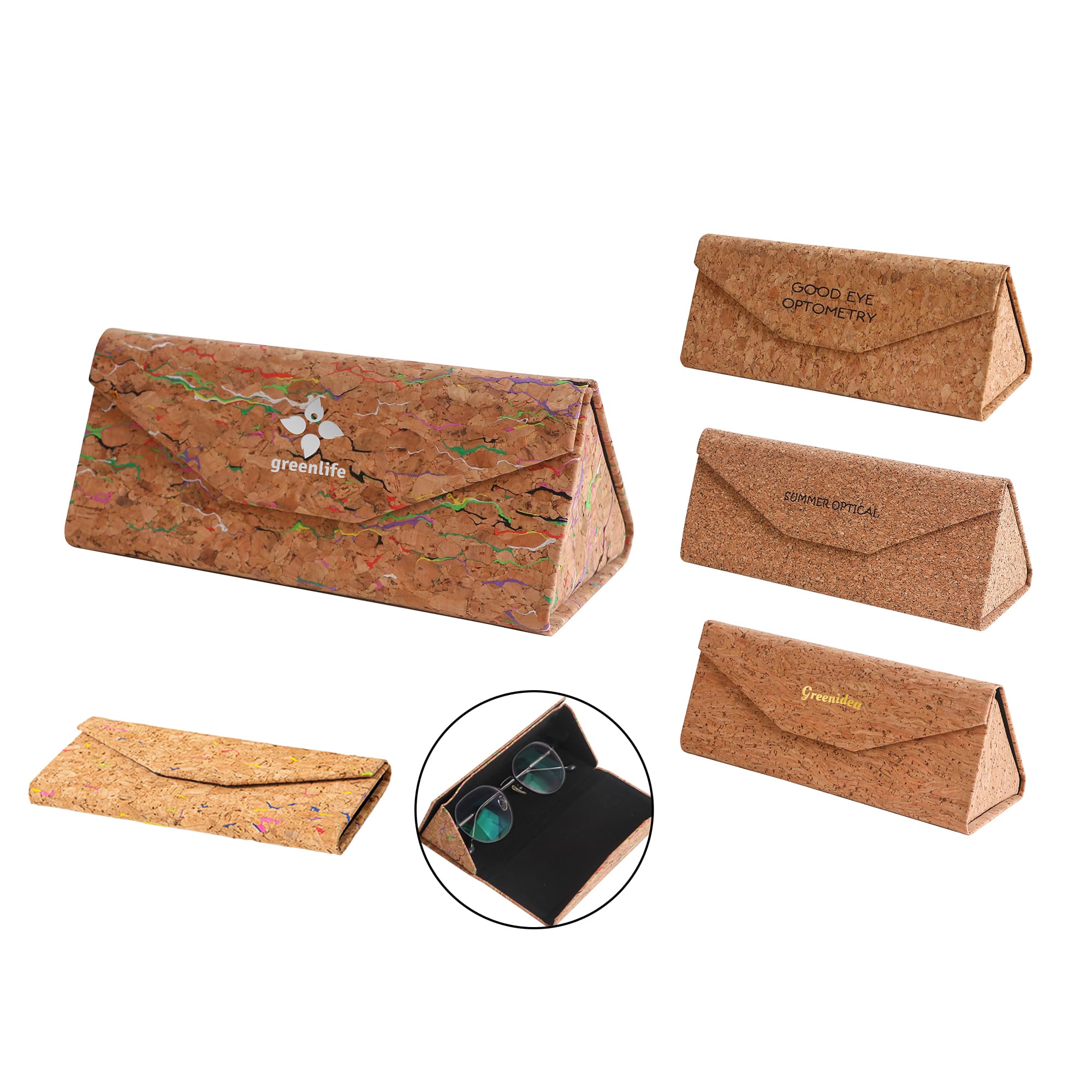 Foldable cork glasses case in various designs, featuring a natural cork finish and an interior compartment for glasses. Foldable Cork Glasses Case - Image 1