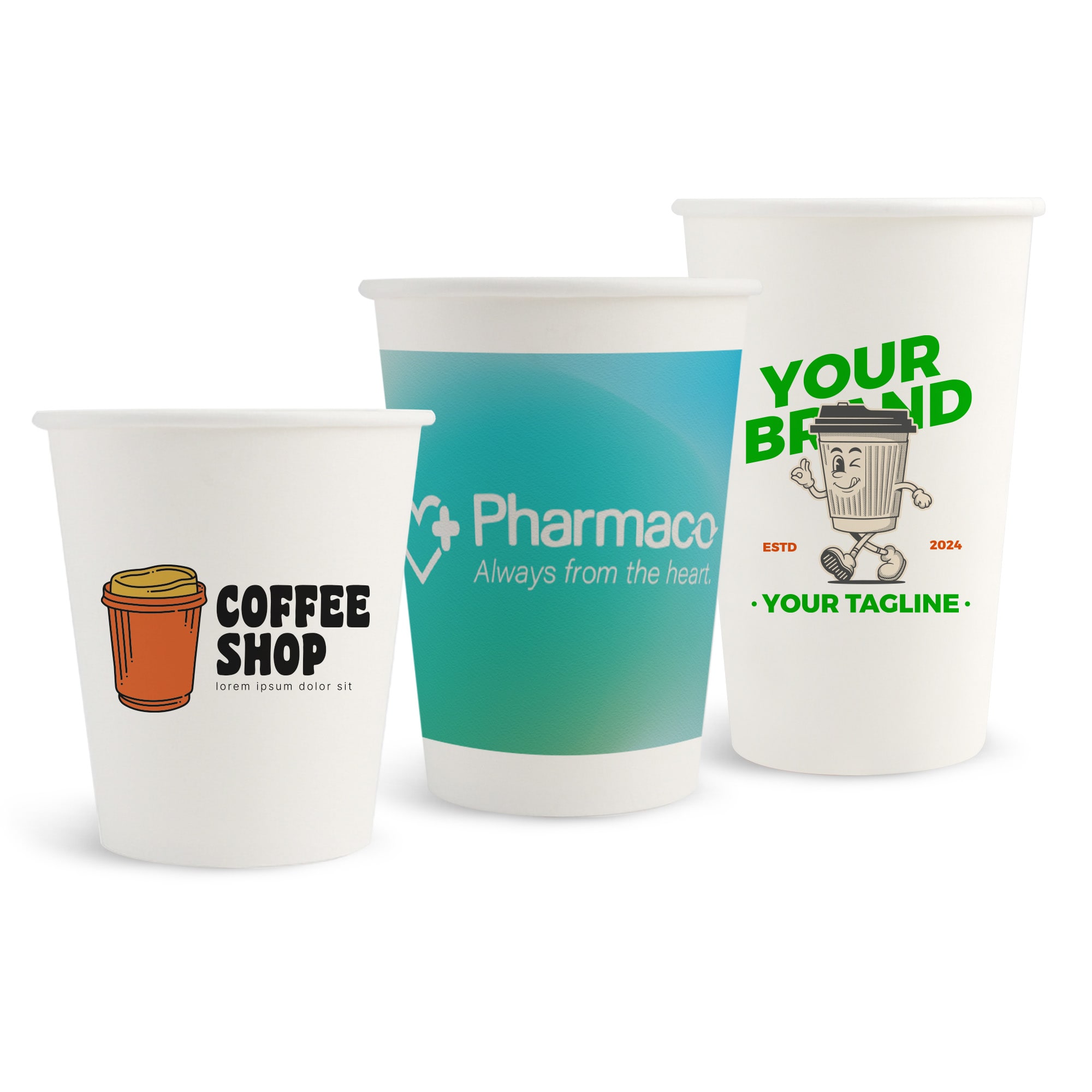 Three compostable paper cups in white, featuring various designs and logos, including a coffee cup illustration and branding elements. PLA Single Wall Compostable Paper Cups - Image 1