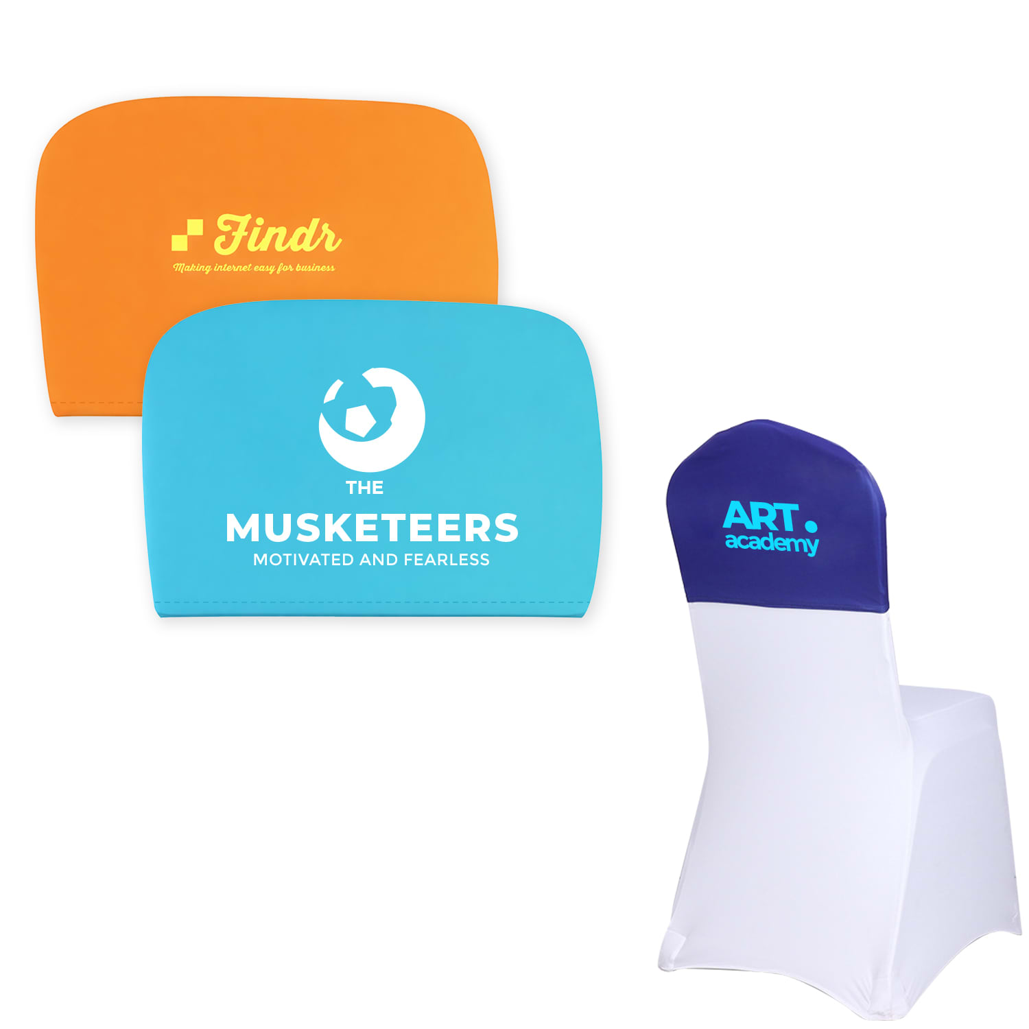 Half chair covers in orange, blue, and purple, featuring various logos, set against a white chair. Half Chair Cover - Image 1