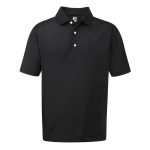 A black men's polo shirt with a collar and three buttons, featuring a logo on the upper left.