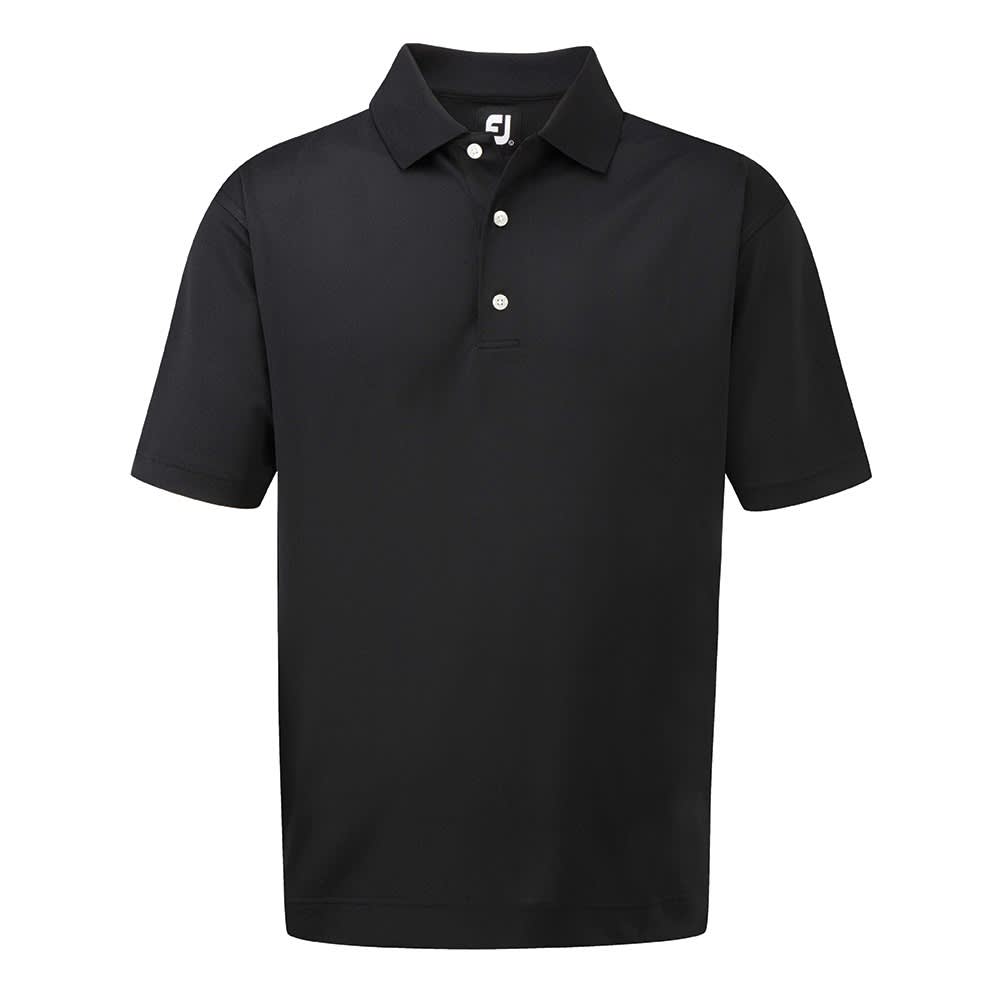 A black men's polo shirt with a collar and three buttons, featuring a logo on the upper left. A black men's polo shirt with a collar and three buttons, featuring a logo on the upper left.