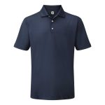 A navy blue men's polo shirt with a collar and three buttons, featuring a logo on the chest.